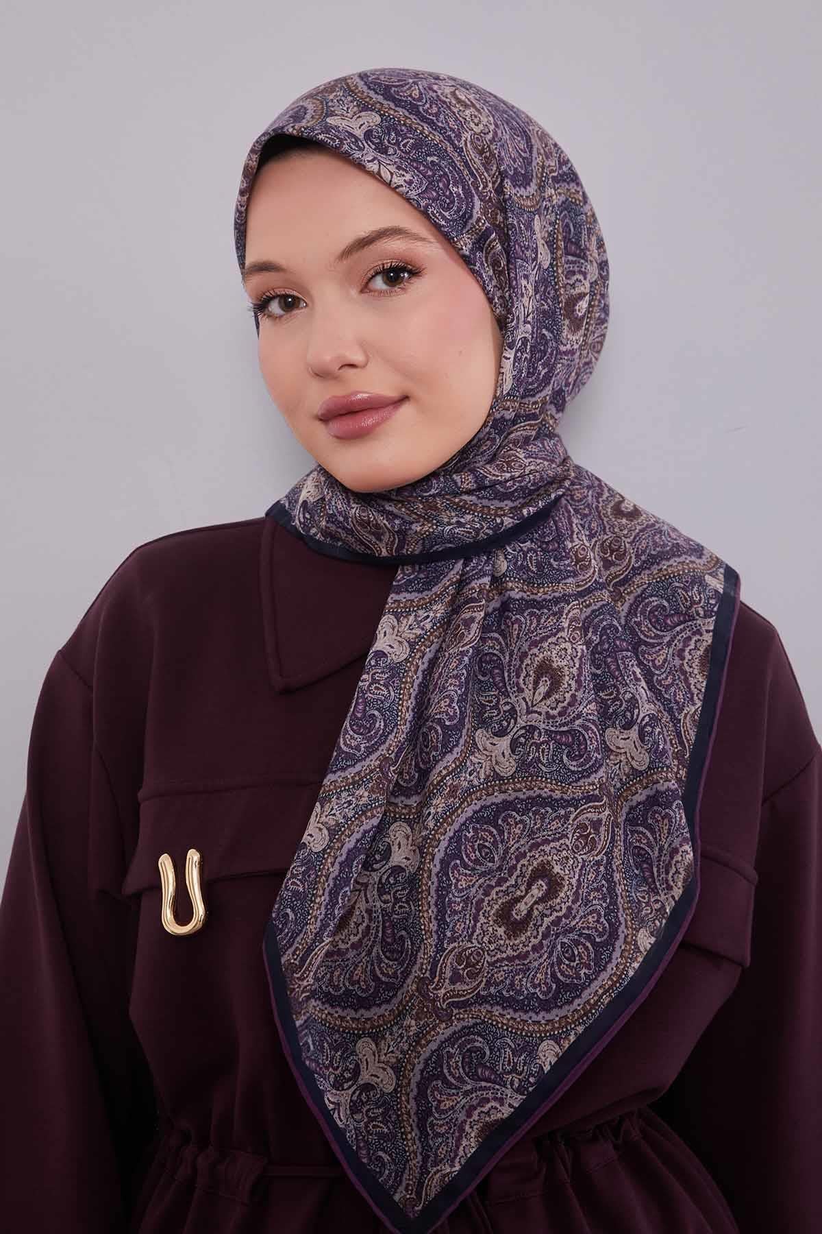 Fivescarf Mor Çini Desen Silk Coton Eşarp