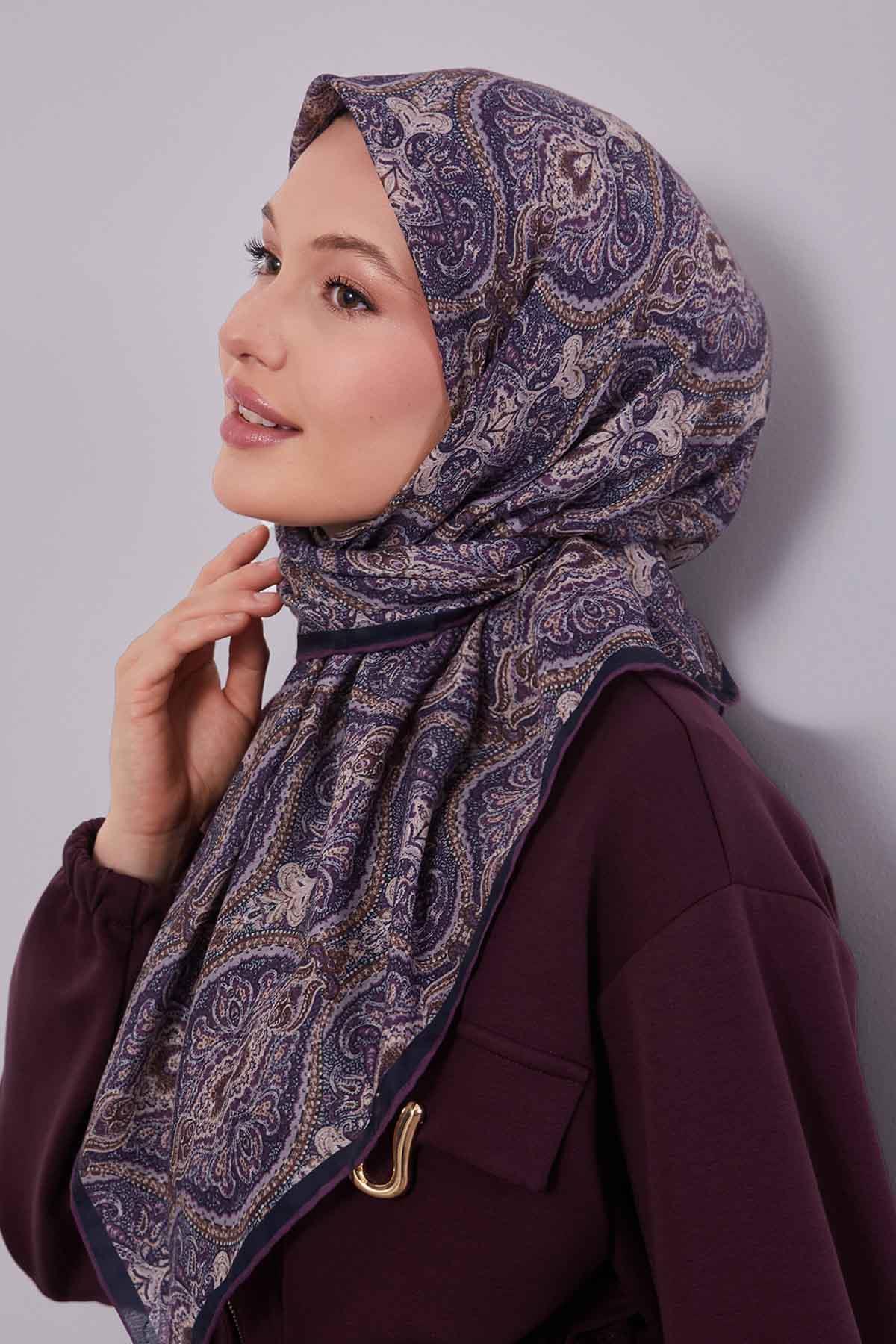 Fivescarf Mor Çini Desen Silk Coton Eşarp