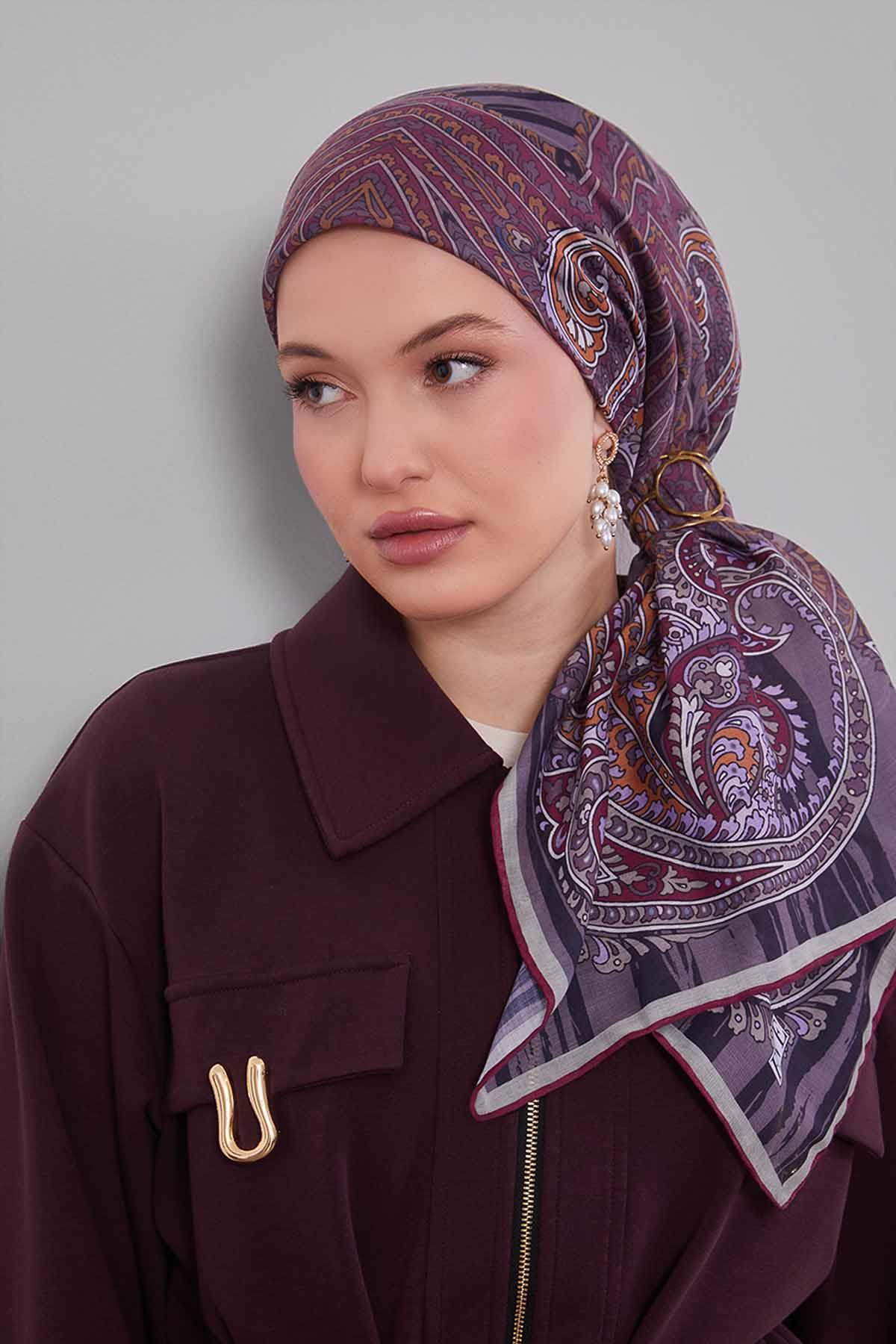 Fivescarf Mor Ebruli Desen Silk Coton Eşarp