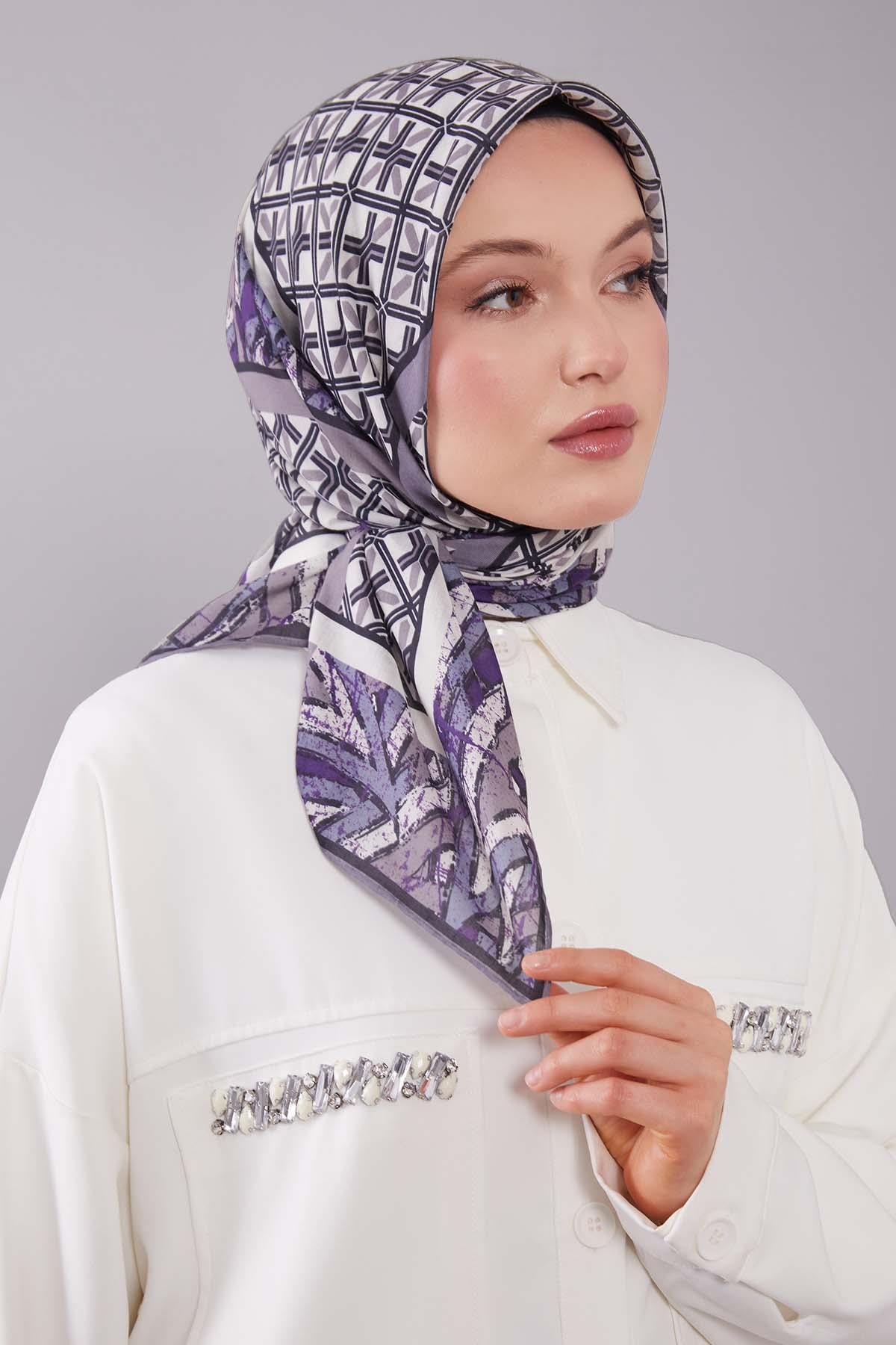 Fivescarf Mor Geometri Desen Silk Cotton Eşarp