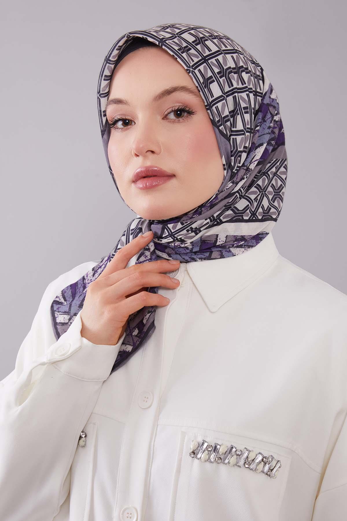Fivescarf Mor Geometri Desen Silk Cotton Eşarp