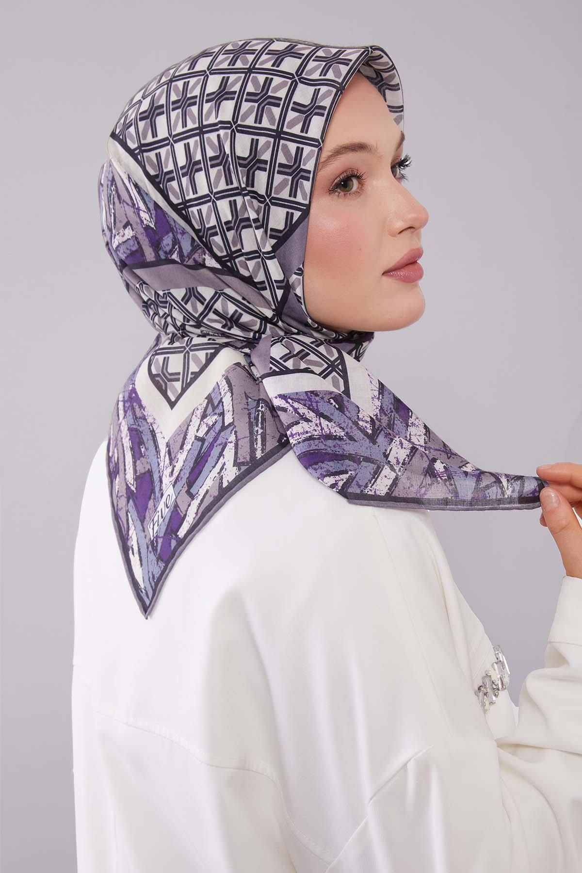Fivescarf Mor Geometri Desen Silk Cotton Eşarp