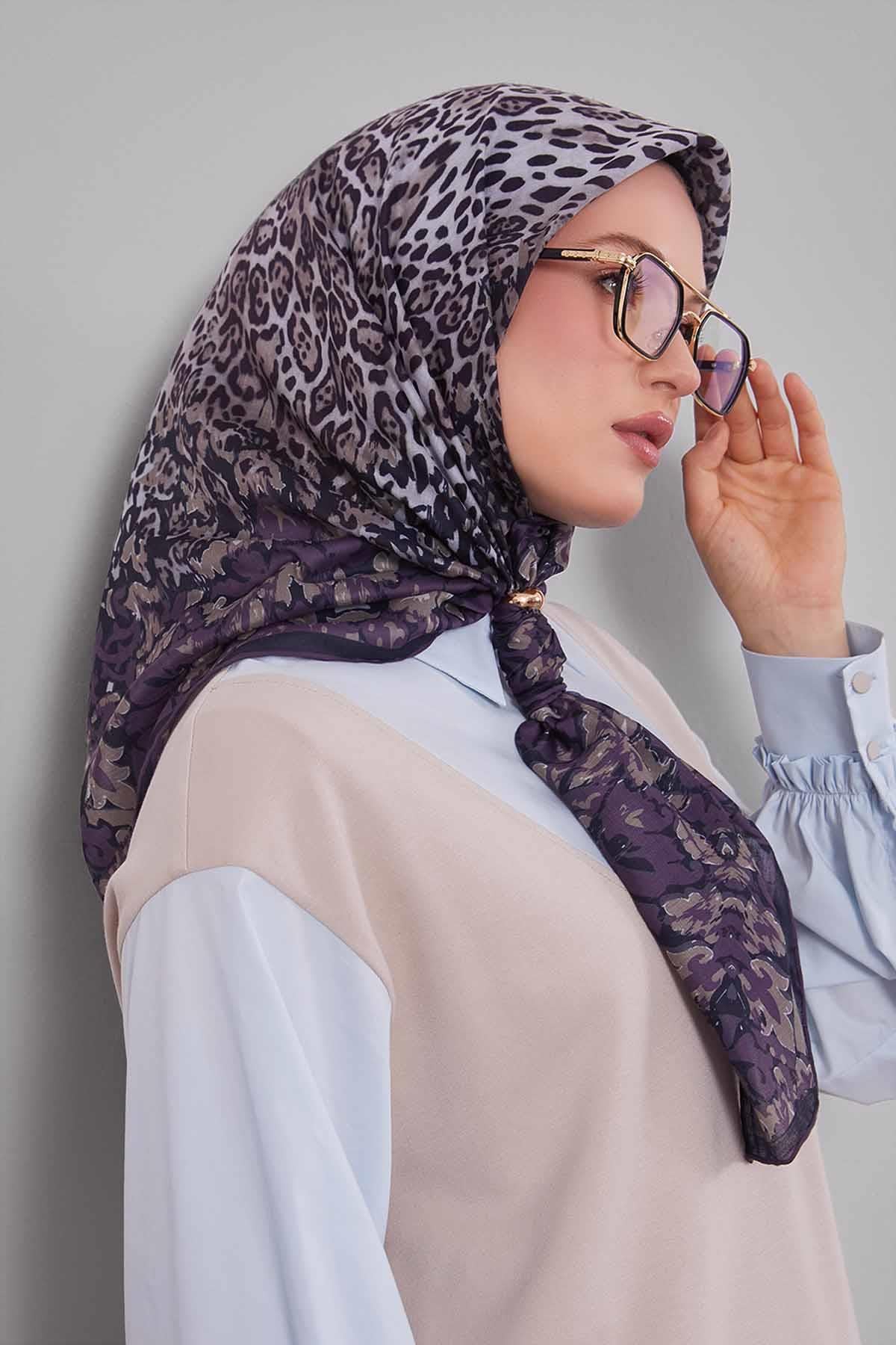 Fivescarf Mor Karışık Leopar Desen Silk Coton Eşarp