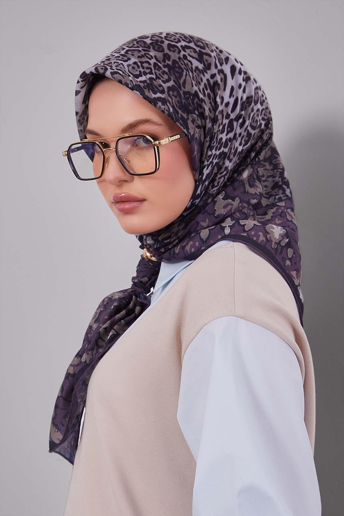 Fivescarf Mor Karışık Leopar Desen Silk Coton Eşarp