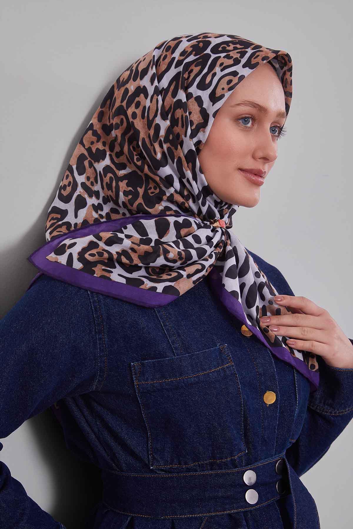 Fivescarf Mor Leopar Desen Silk Coton Eşarp