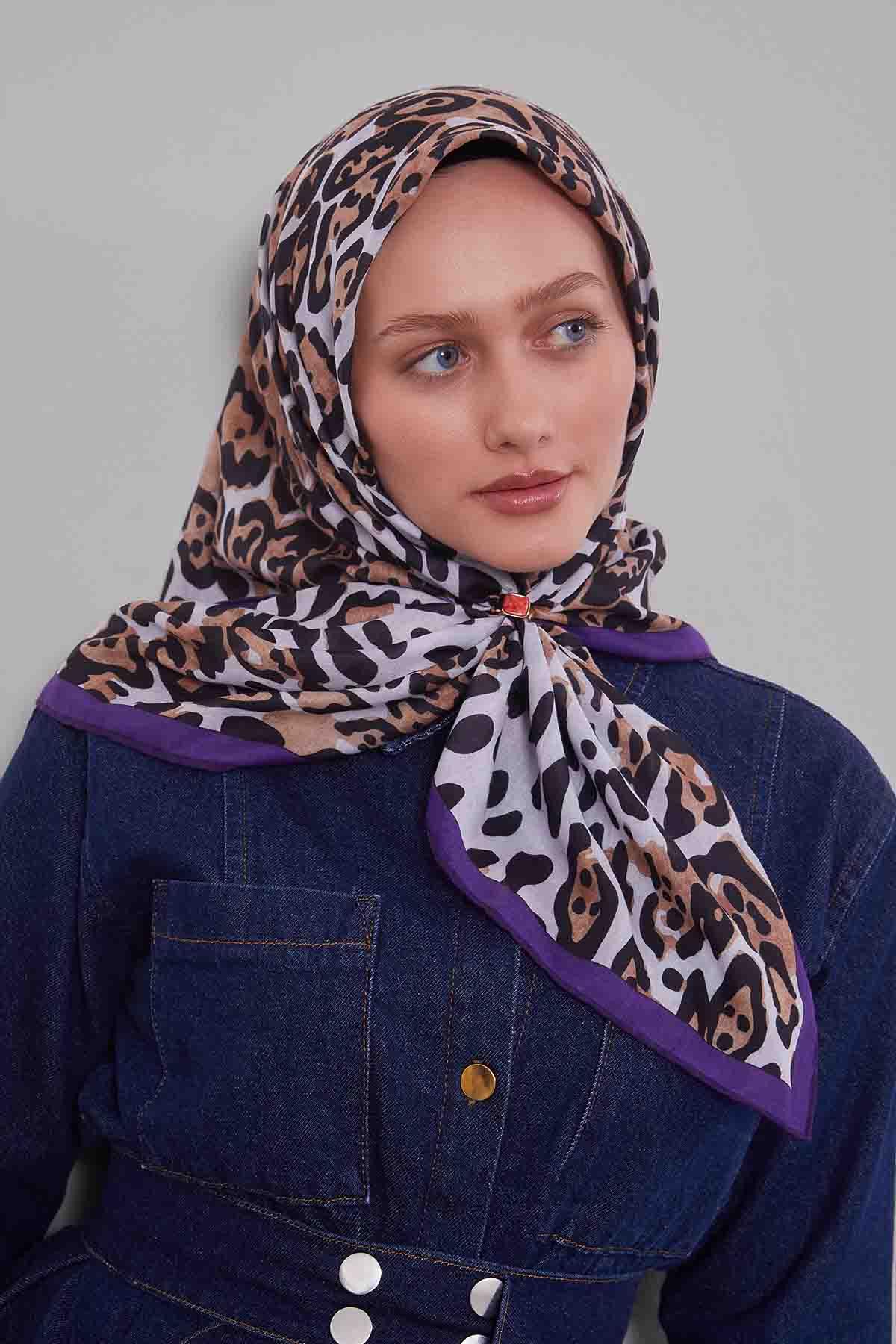 Fivescarf Mor Leopar Desen Silk Coton Eşarp