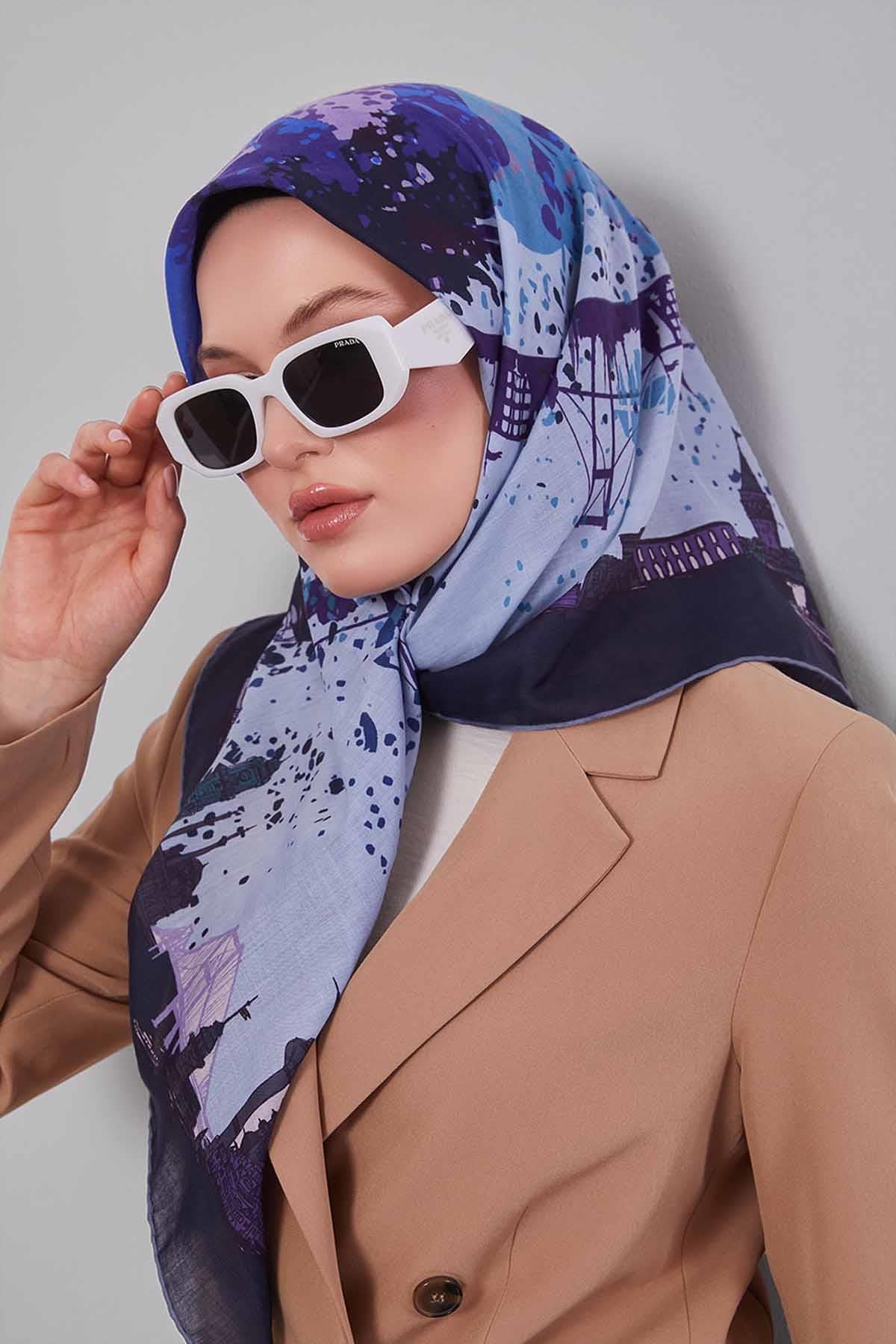 Fivescarf Mor Manzara Desen Silk Coton Eşarp