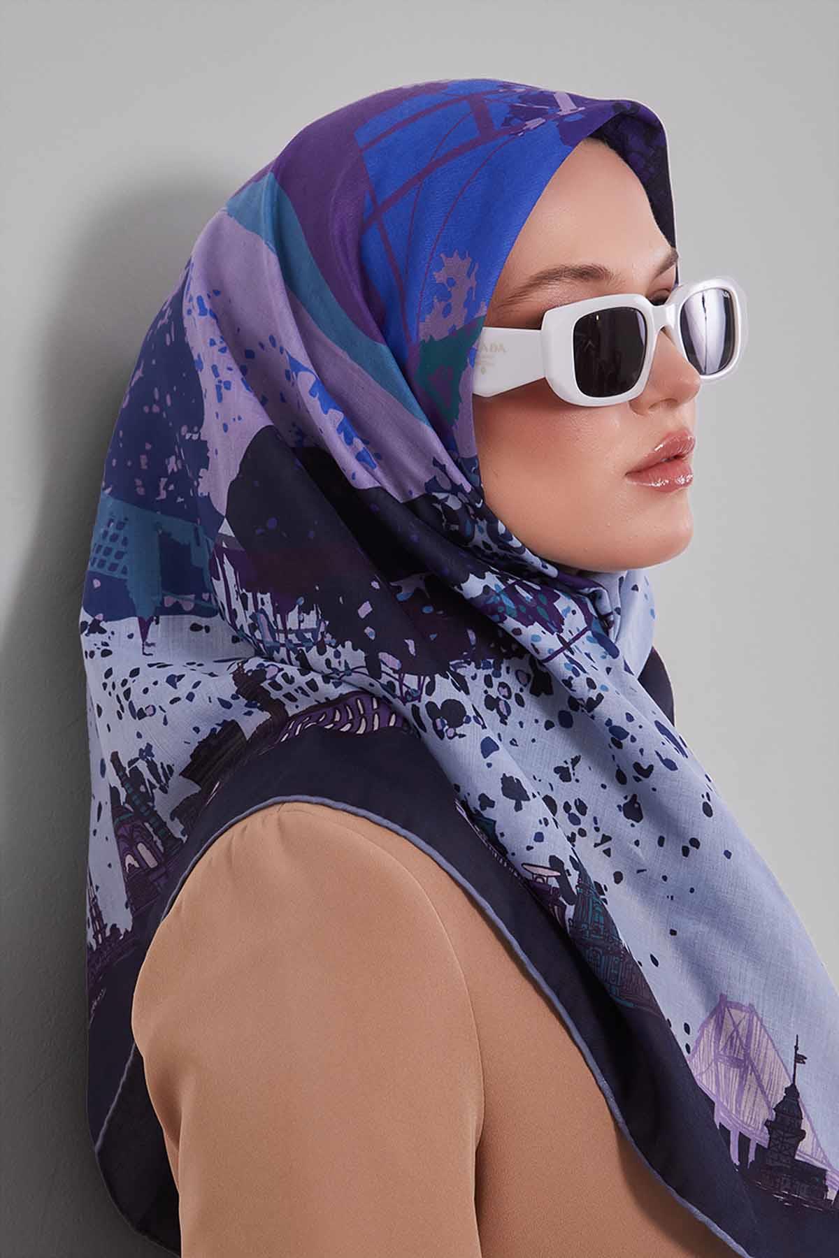 Fivescarf Mor Manzara Desen Silk Coton Eşarp