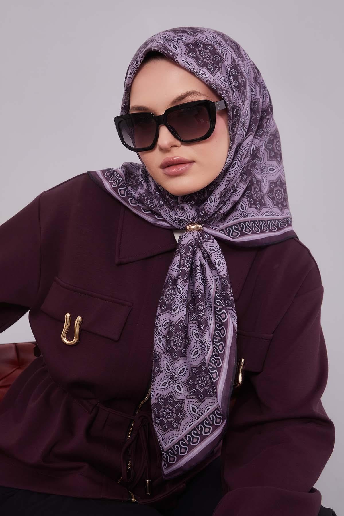 Fivescarf Mor Motif Desen Silk Coton Eşarp