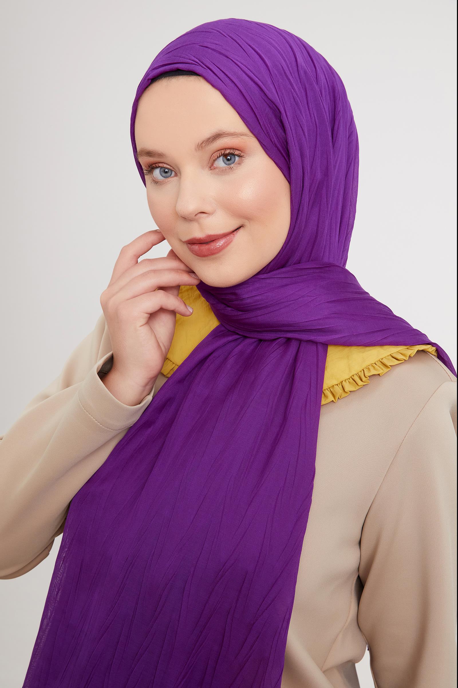 Fivescarf Mor Pliseli Pamuklu Şal