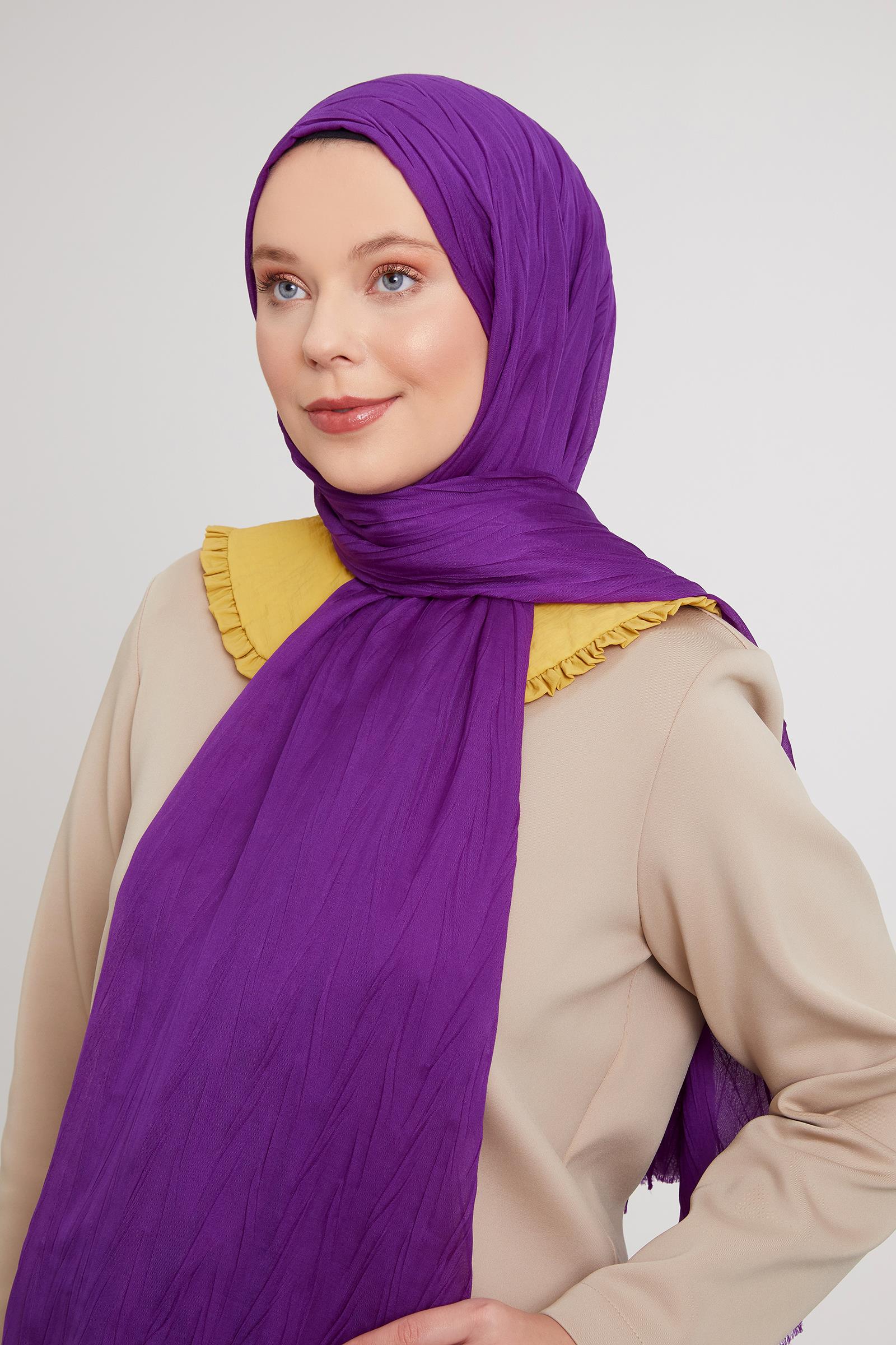 Fivescarf Mor Pliseli Pamuklu Şal