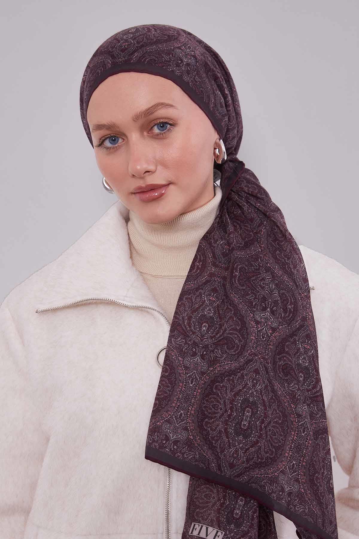 Fivescarf Mürdüm Çini Desen Silk Coton Eşarp