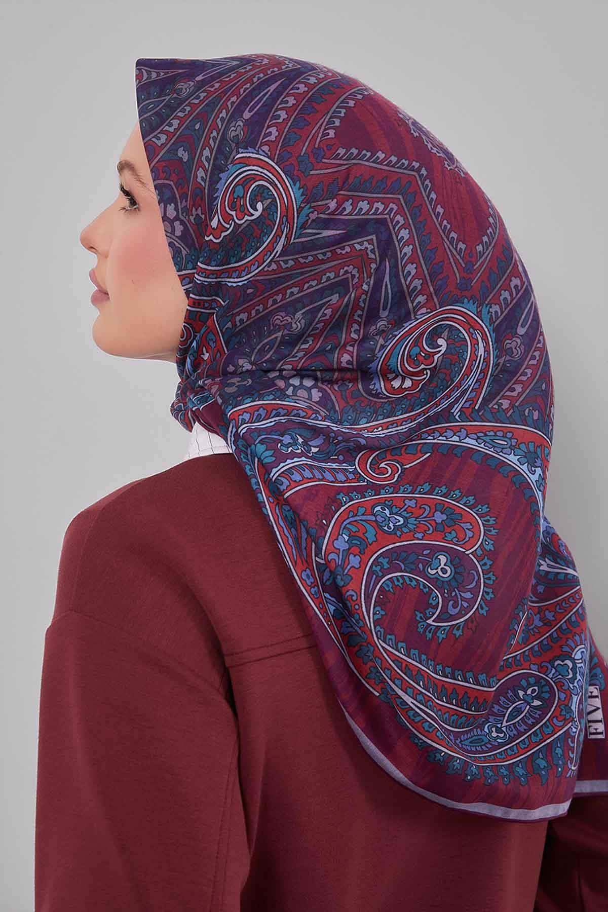 Fivescarf Mürdüm Ebruli Desen Silk Coton Eşarp