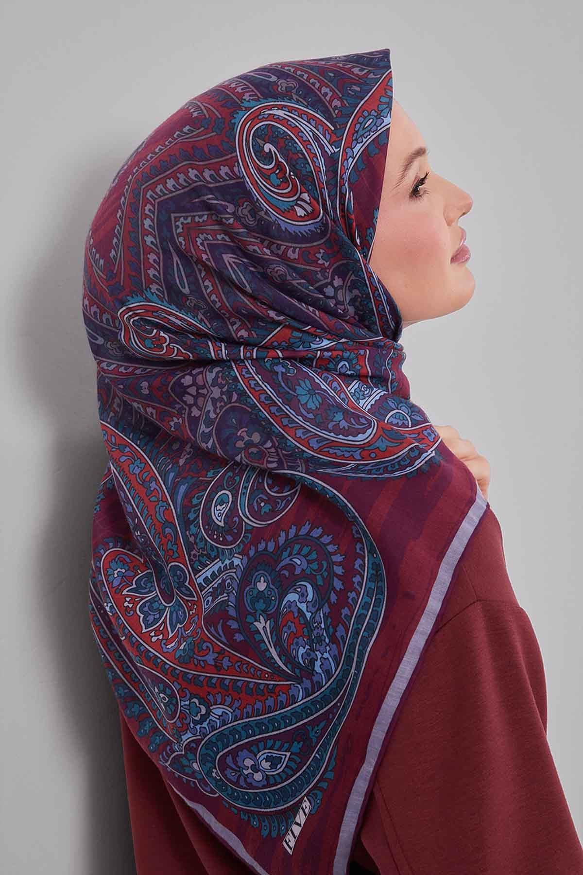 Fivescarf Mürdüm Ebruli Desen Silk Coton Eşarp