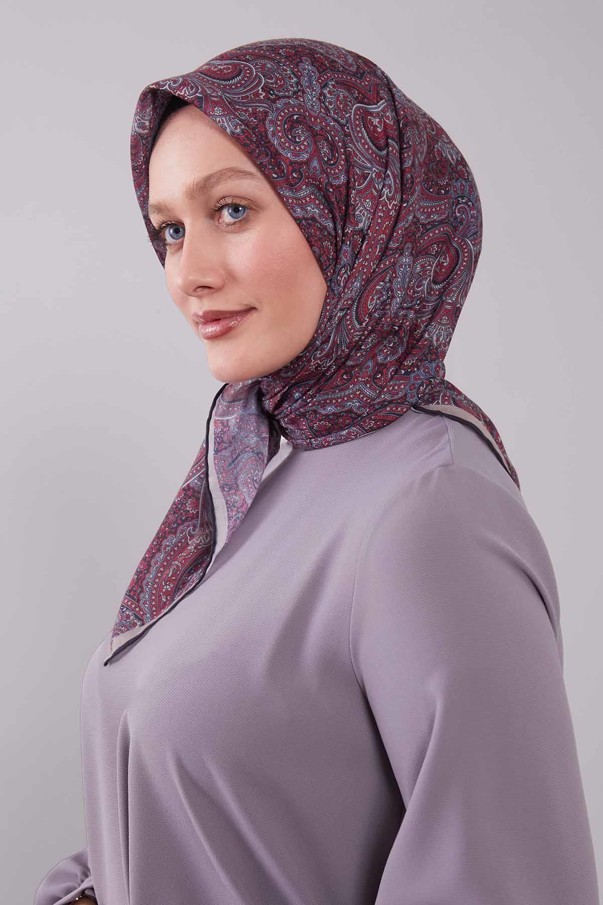 Fivescarf Mürdüm Etnik Desen Silk Cotton Eşarp