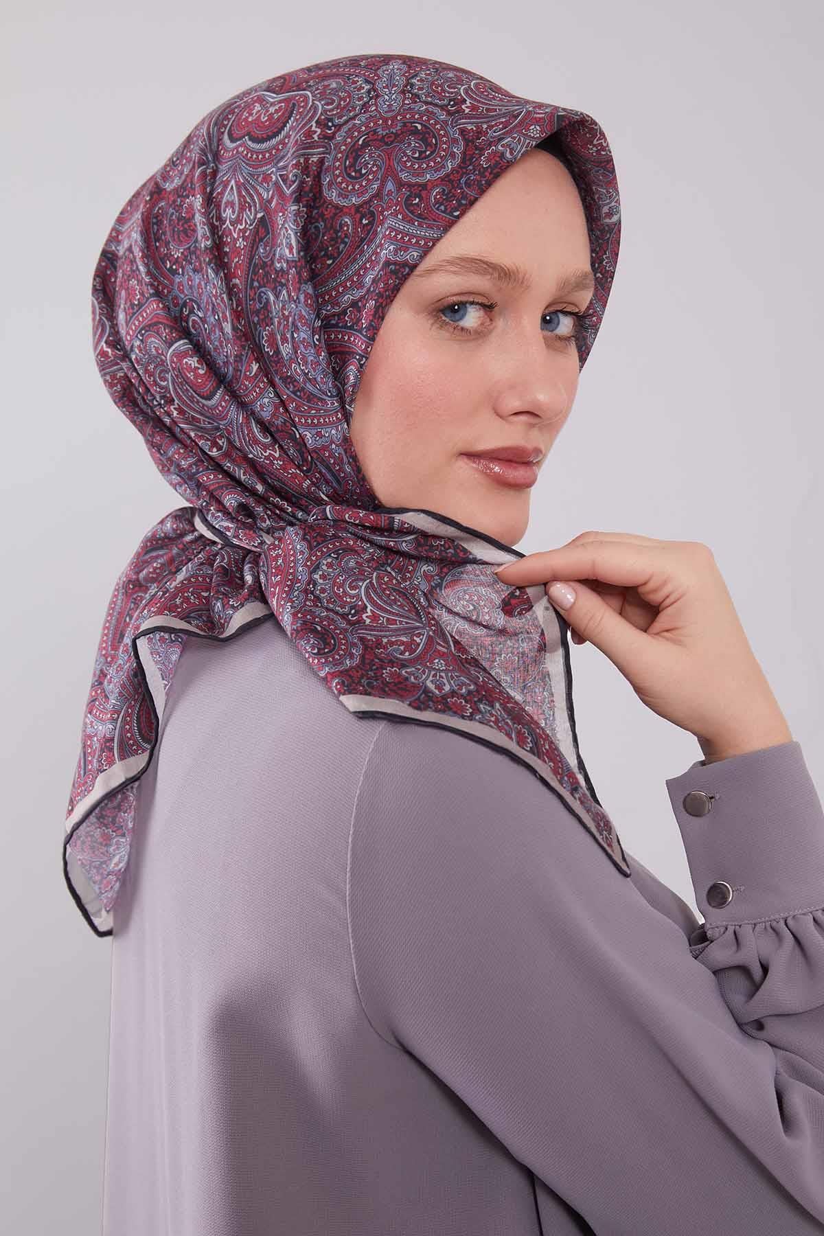 Fivescarf Mürdüm Etnik Desen Silk Cotton Eşarp