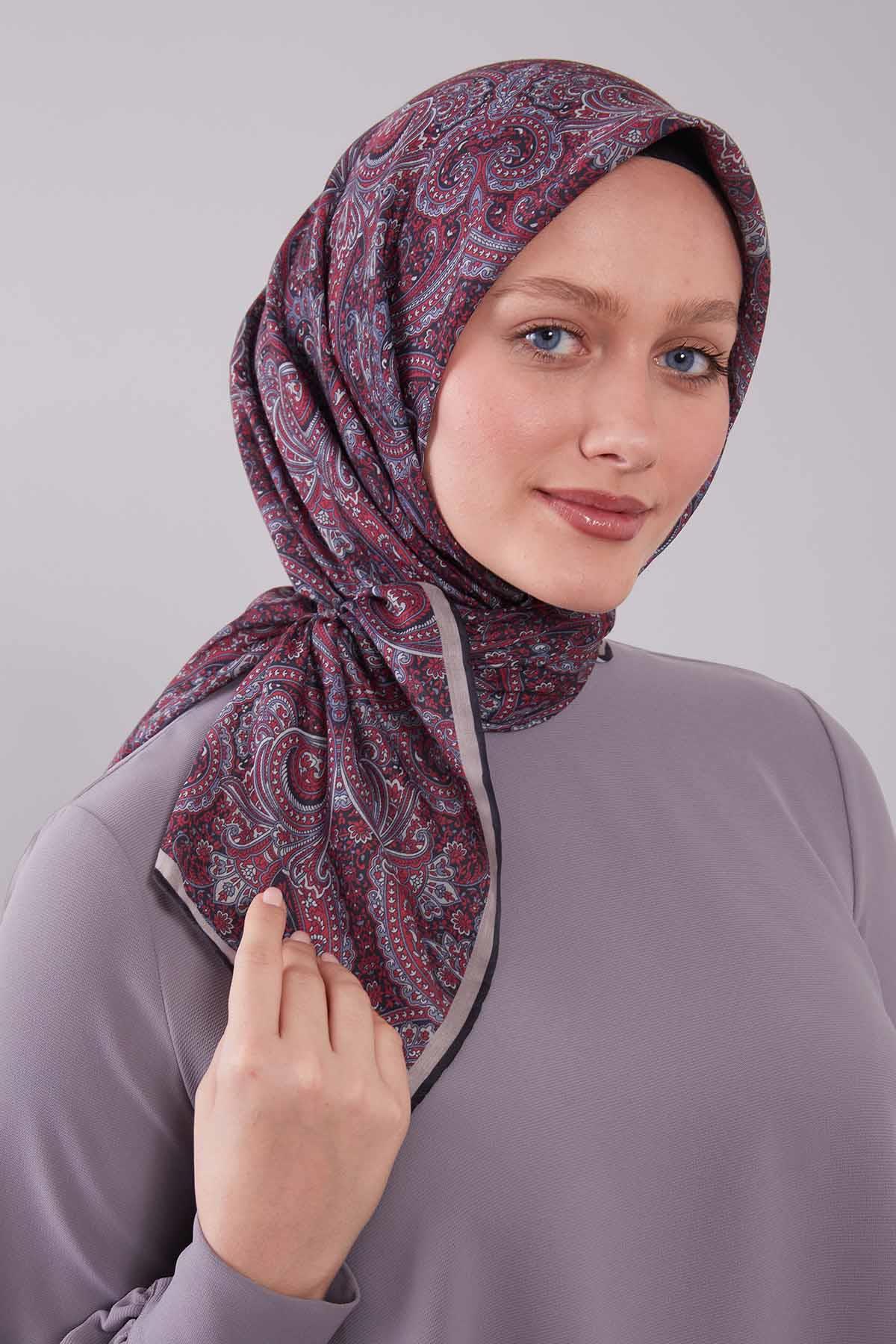 Fivescarf Mürdüm Etnik Desen Silk Cotton Eşarp