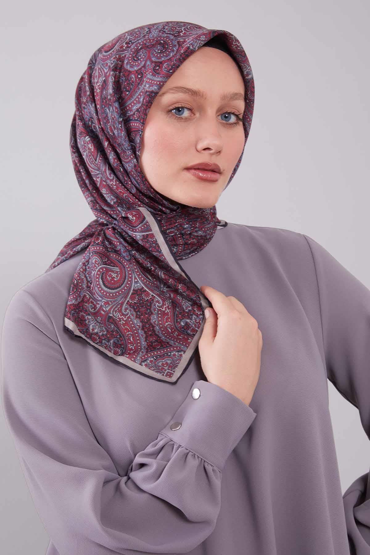 Fivescarf Mürdüm Etnik Desen Silk Cotton Eşarp