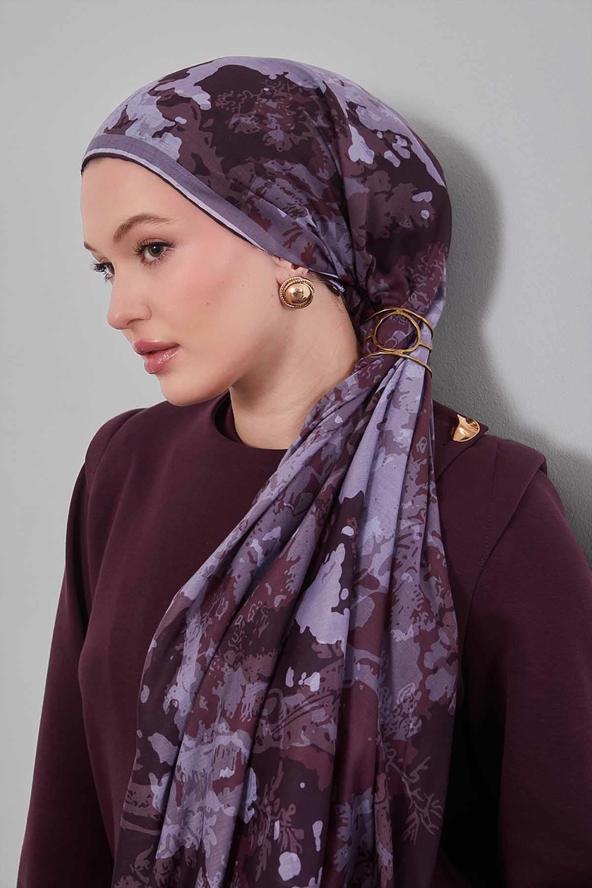 Fivescarf Mürdüm Karışık Desen Silk Coton Eşarp