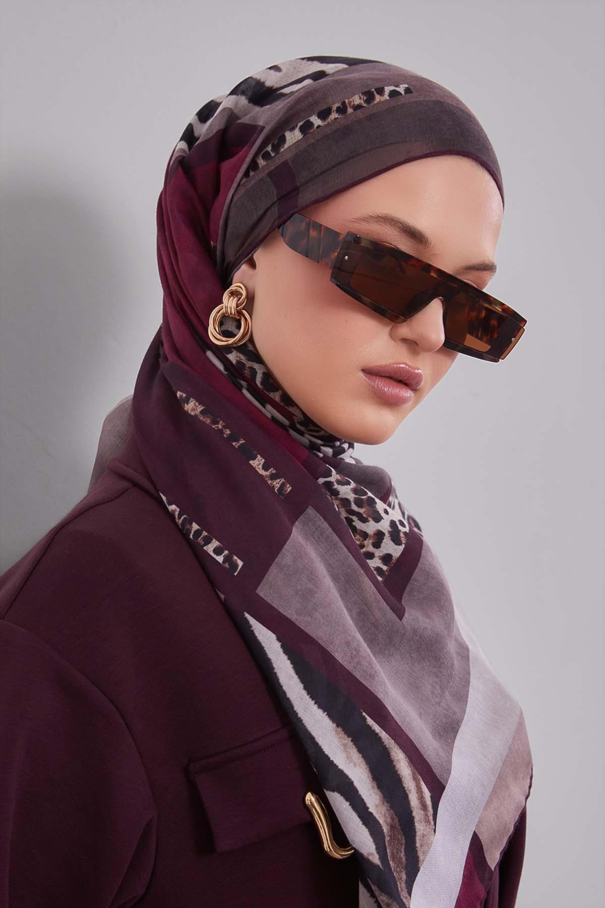Fivescarf Mürdüm Kenar Leopar Desenli Slik Coton Eşarp