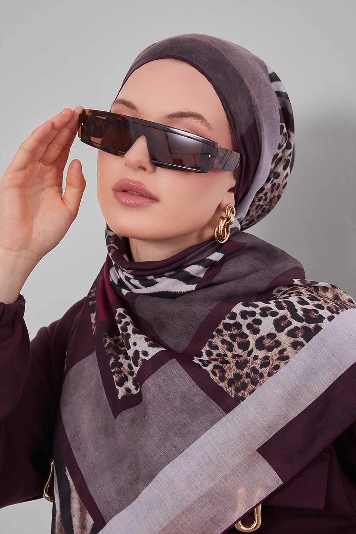 Fivescarf Mürdüm Kenar Leopar Desenli Slik Coton Eşarp