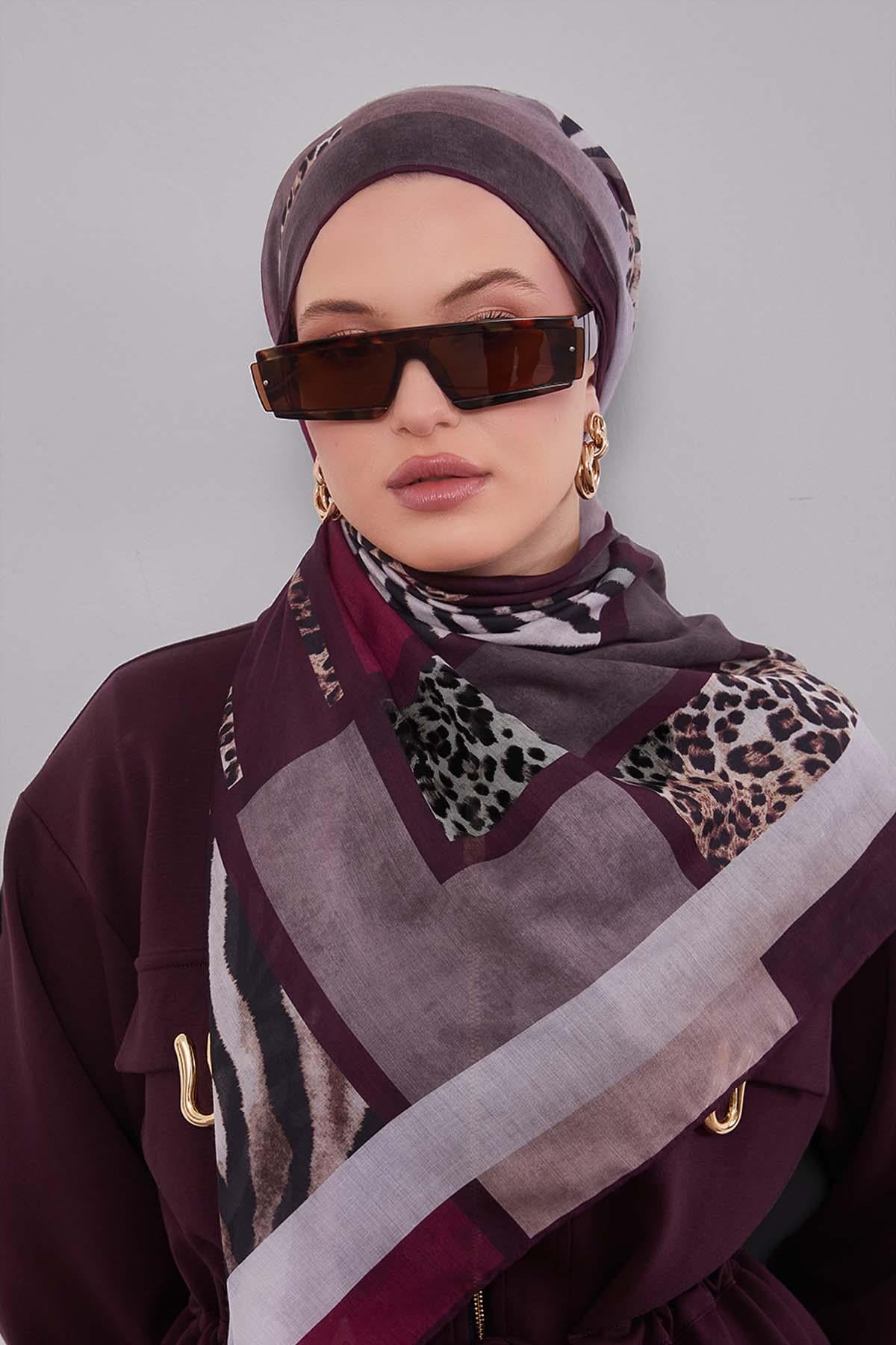 Fivescarf Mürdüm Kenar Leopar Desenli Slik Coton Eşarp