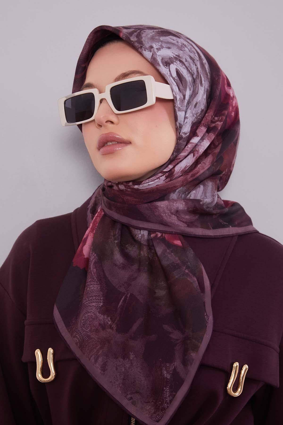 Fivescarf Mürdüm Lale Desen Silk Coton Eşarp