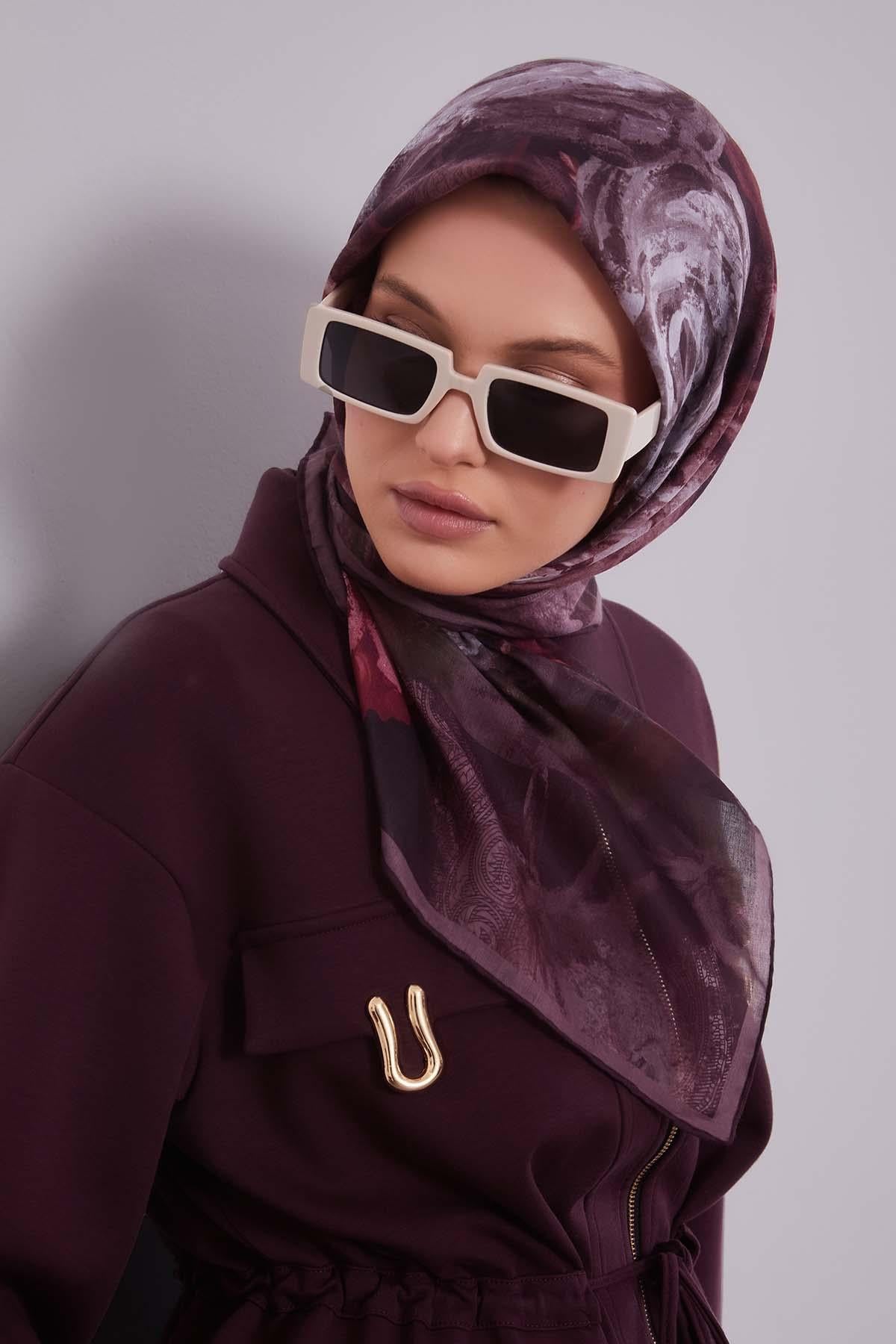Fivescarf Mürdüm Lale Desen Silk Coton Eşarp