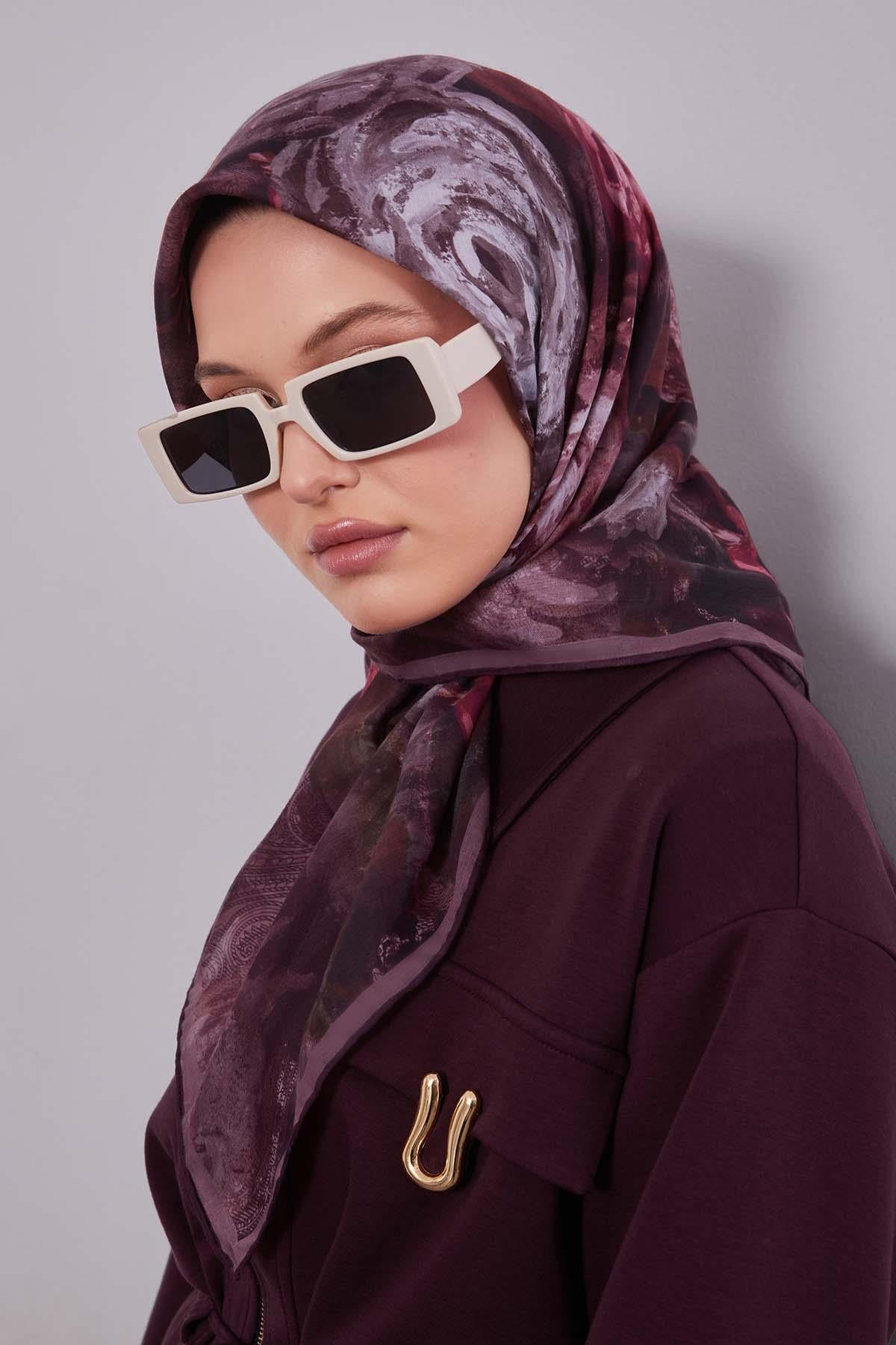 Fivescarf Mürdüm Lale Desen Silk Coton Eşarp