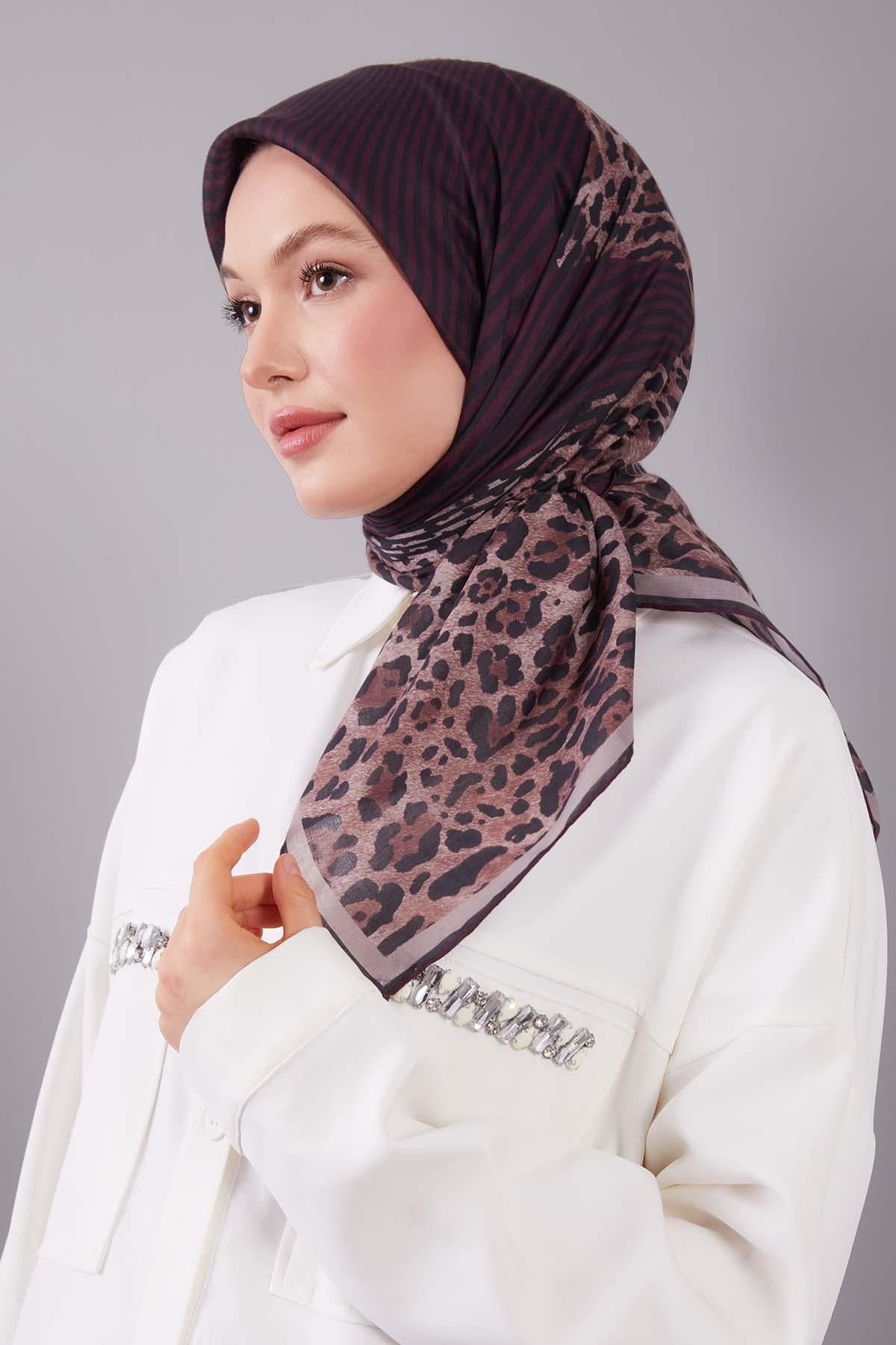Fivescarf Mürdüm Leopar Desen Silk Coton Eşarp