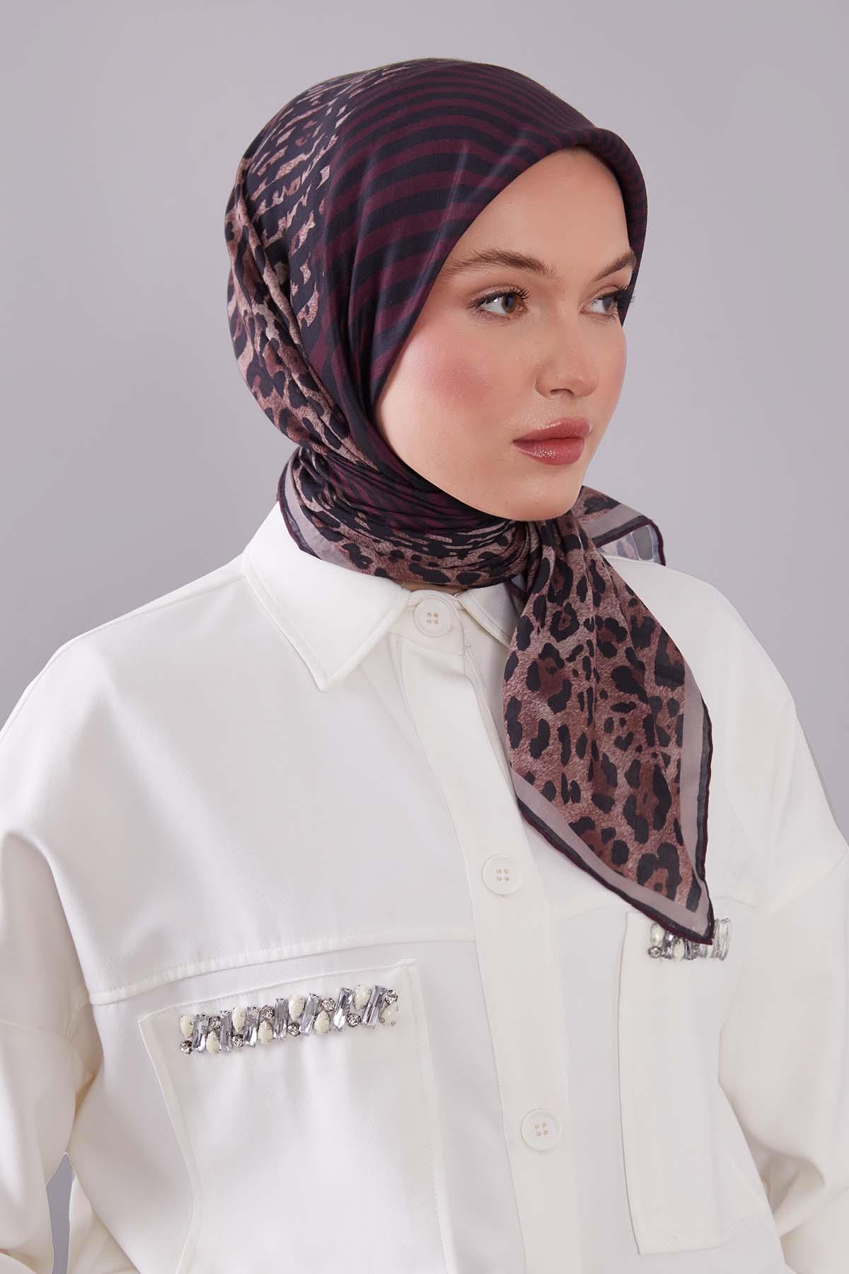 Fivescarf Mürdüm Leopar Desen Silk Coton Eşarp