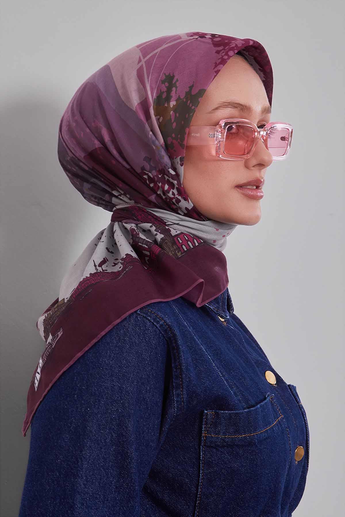 Fivescarf Mürdüm Manzara Desen Silk Coton Eşarp
