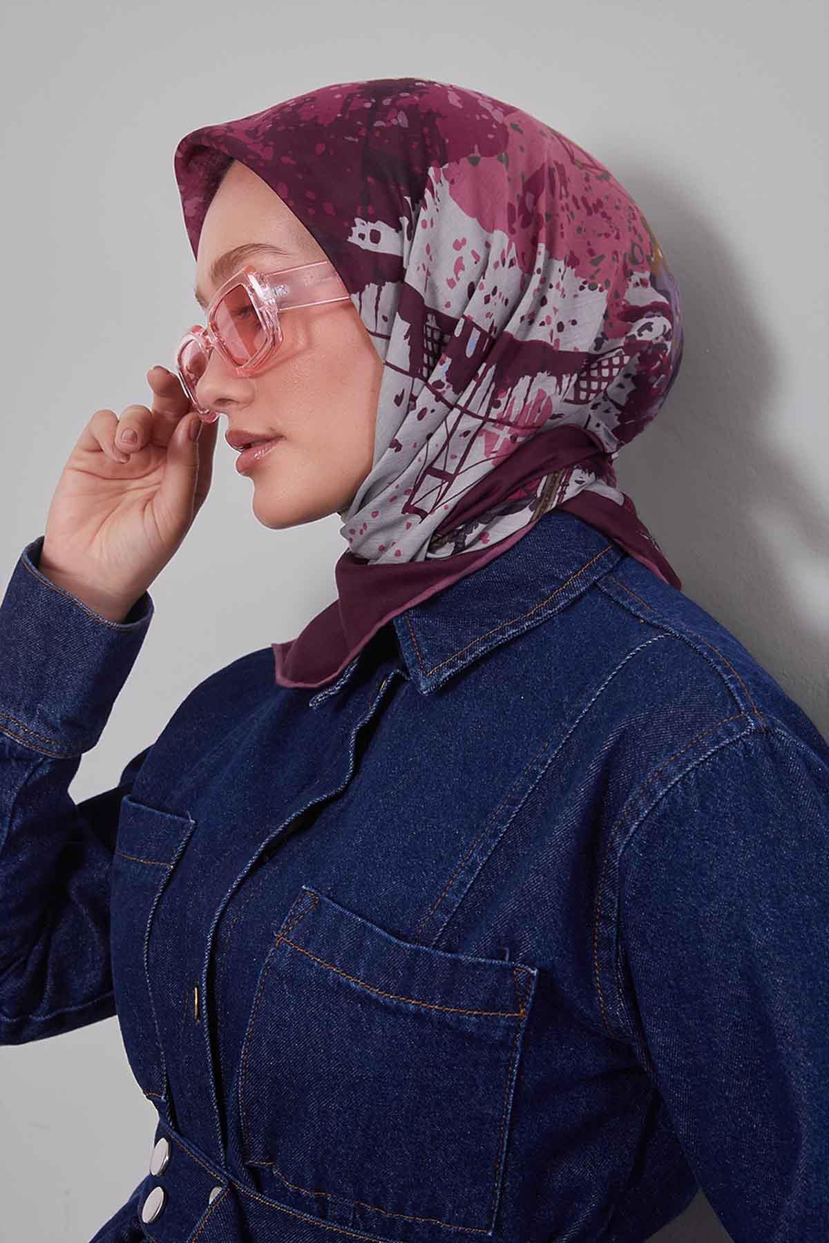 Fivescarf Mürdüm Manzara Desen Silk Coton Eşarp