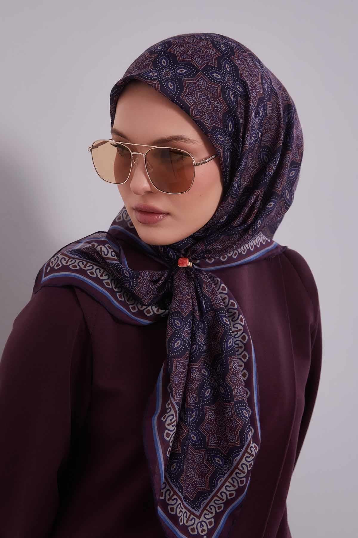 Fivescarf Mürdüm Motif Desen Silk Coton Eşarp