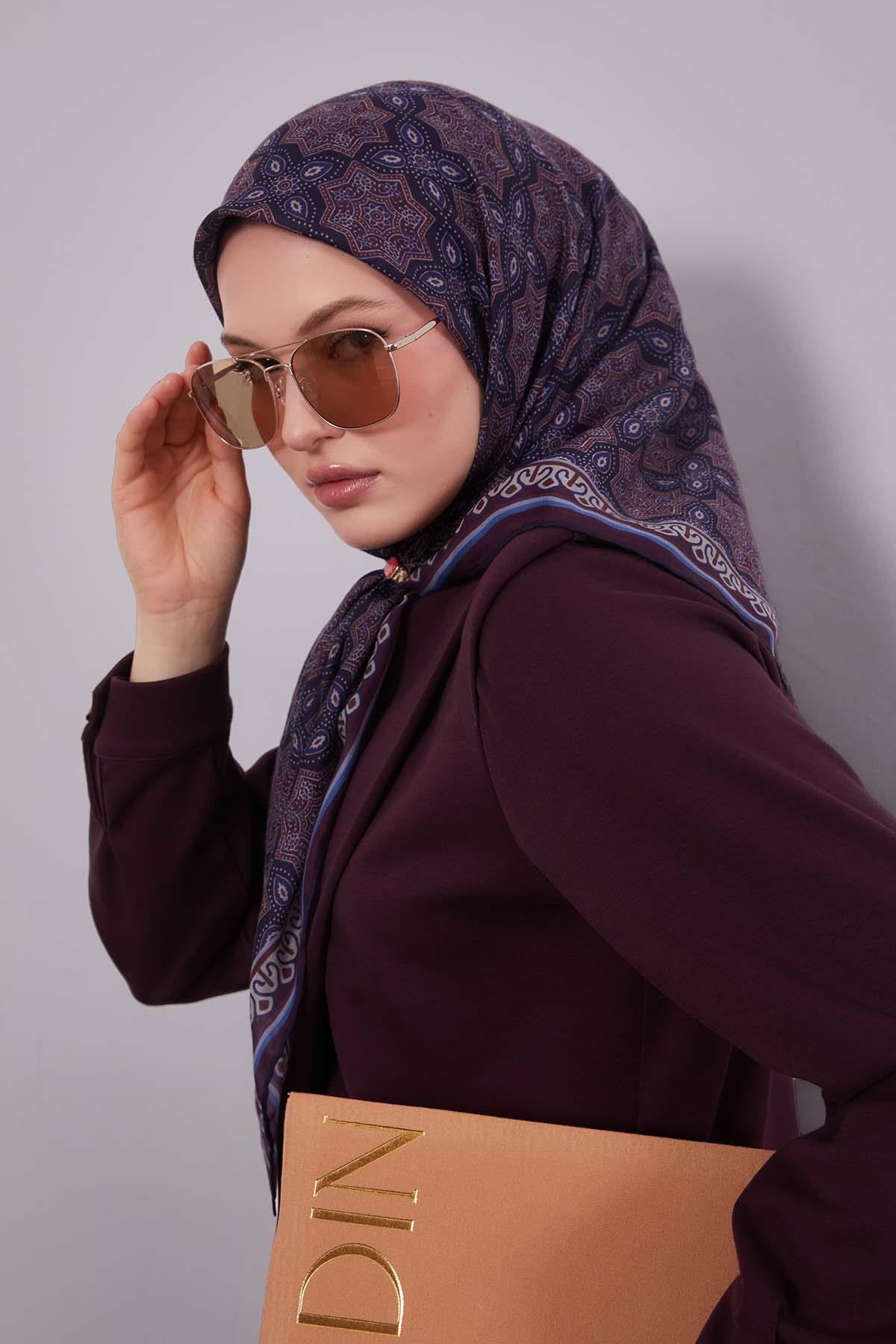 Fivescarf Mürdüm Motif Desen Silk Coton Eşarp