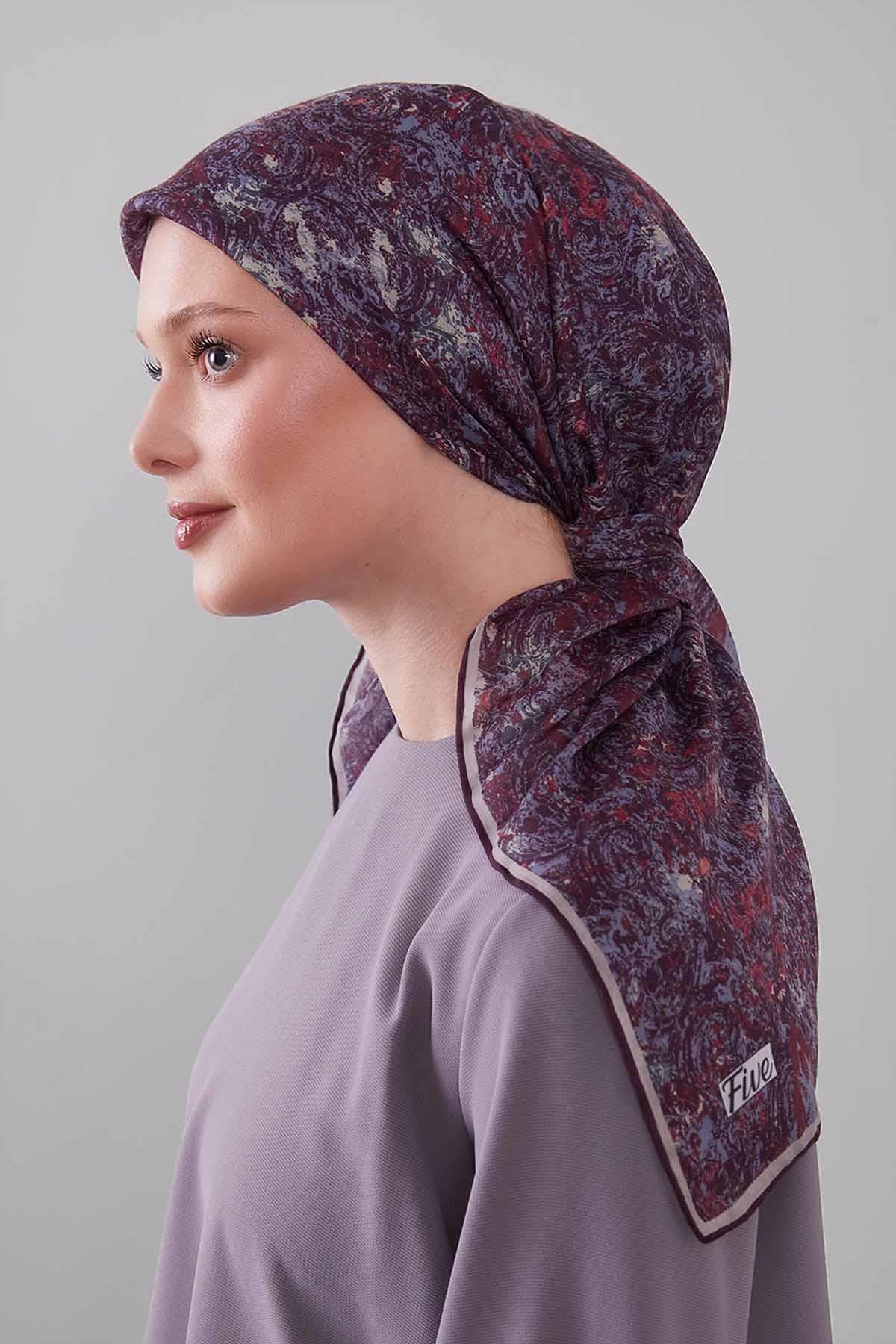 Fivescarf Mürdüm Retro Çiçek Desen Silk Coton Eşarp