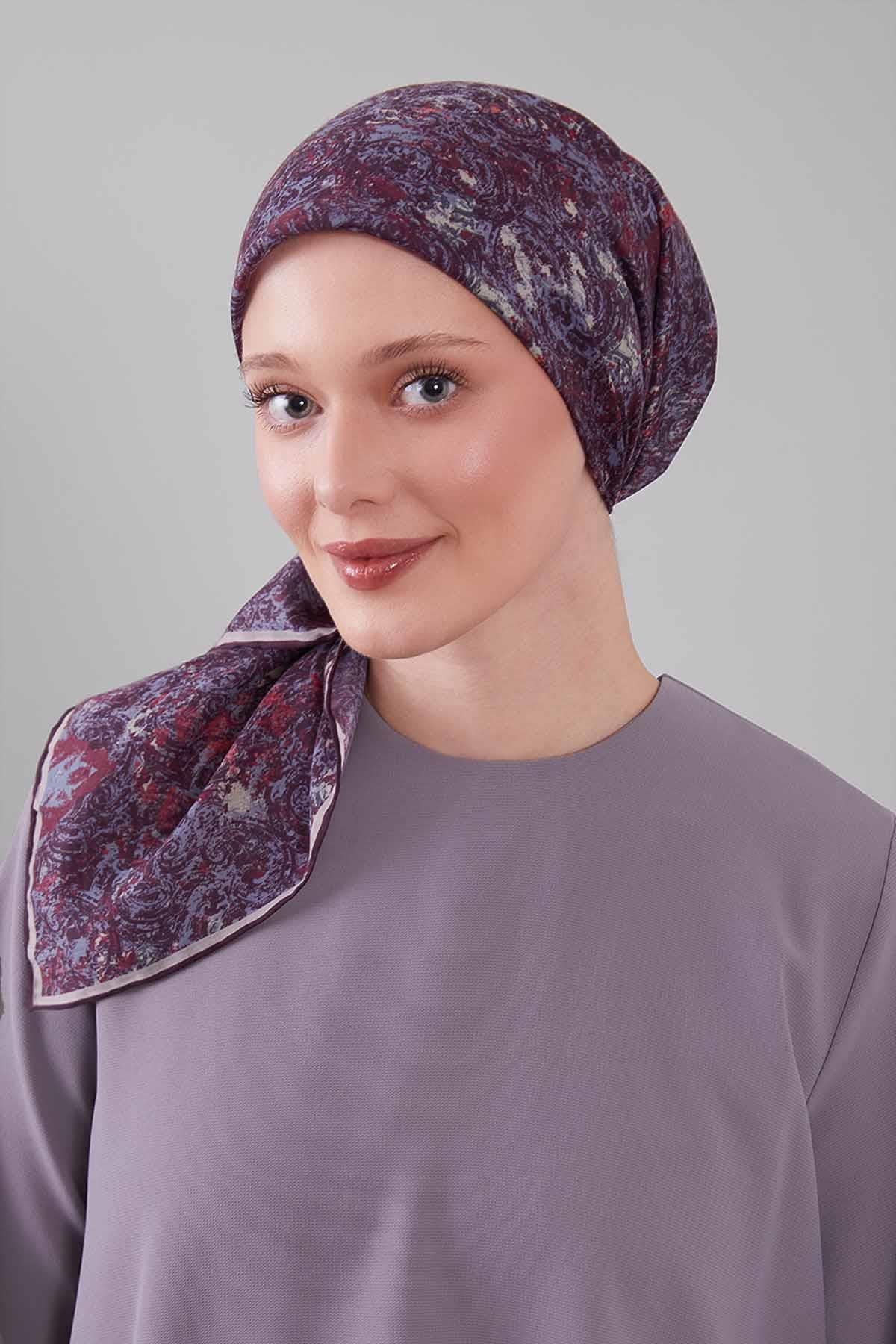 Fivescarf Mürdüm Retro Çiçek Desen Silk Coton Eşarp