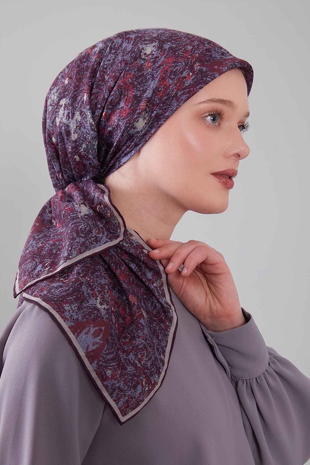 Fivescarf Mürdüm Retro Çiçek Desen Silk Coton Eşarp