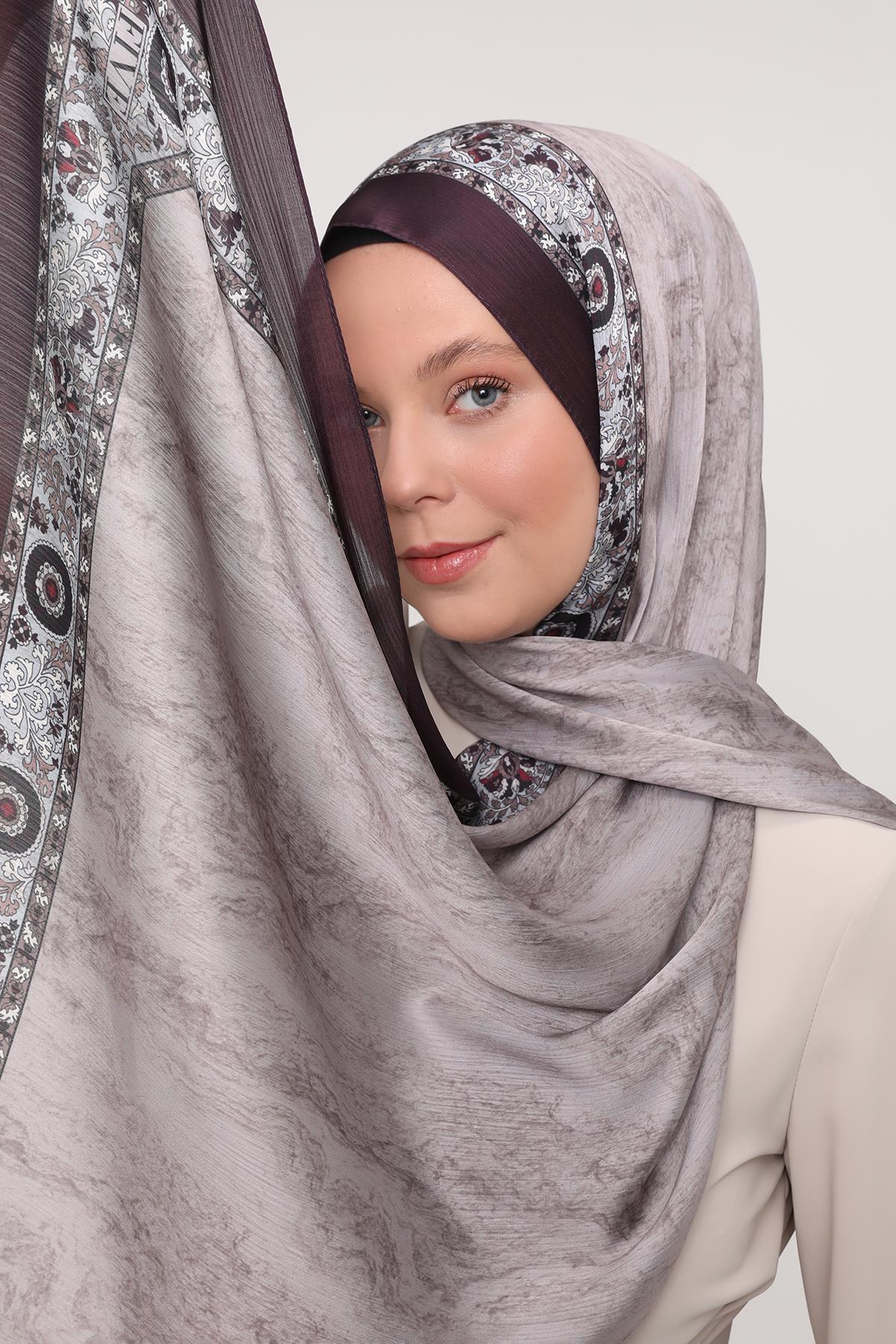 Fivescarf Mürdüm Şeritli Etnik Desen Brand Şal
