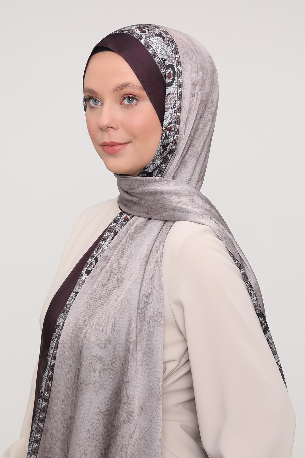 Fivescarf Mürdüm Şeritli Etnik Desen Brand Şal