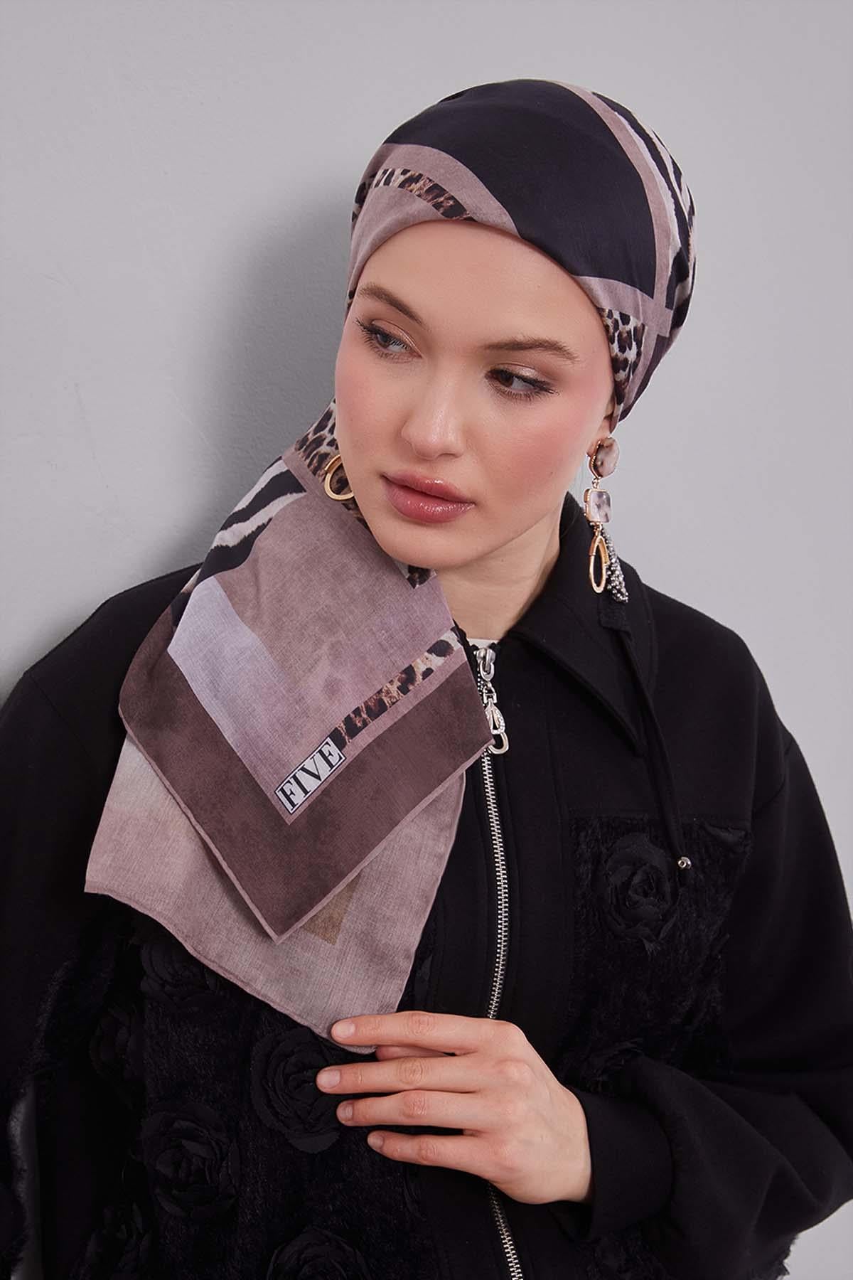 Fivescarf Nude Kenar Leopar Desenli Slik Coton Eşarp