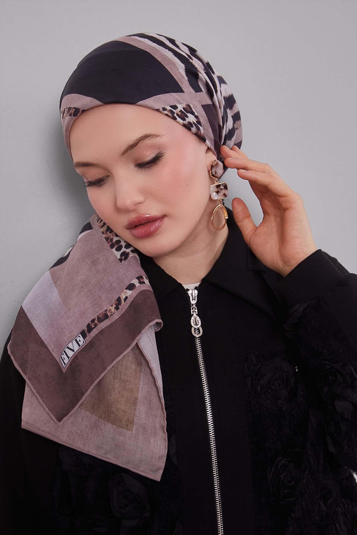 Fivescarf Nude Kenar Leopar Desenli Slik Coton Eşarp