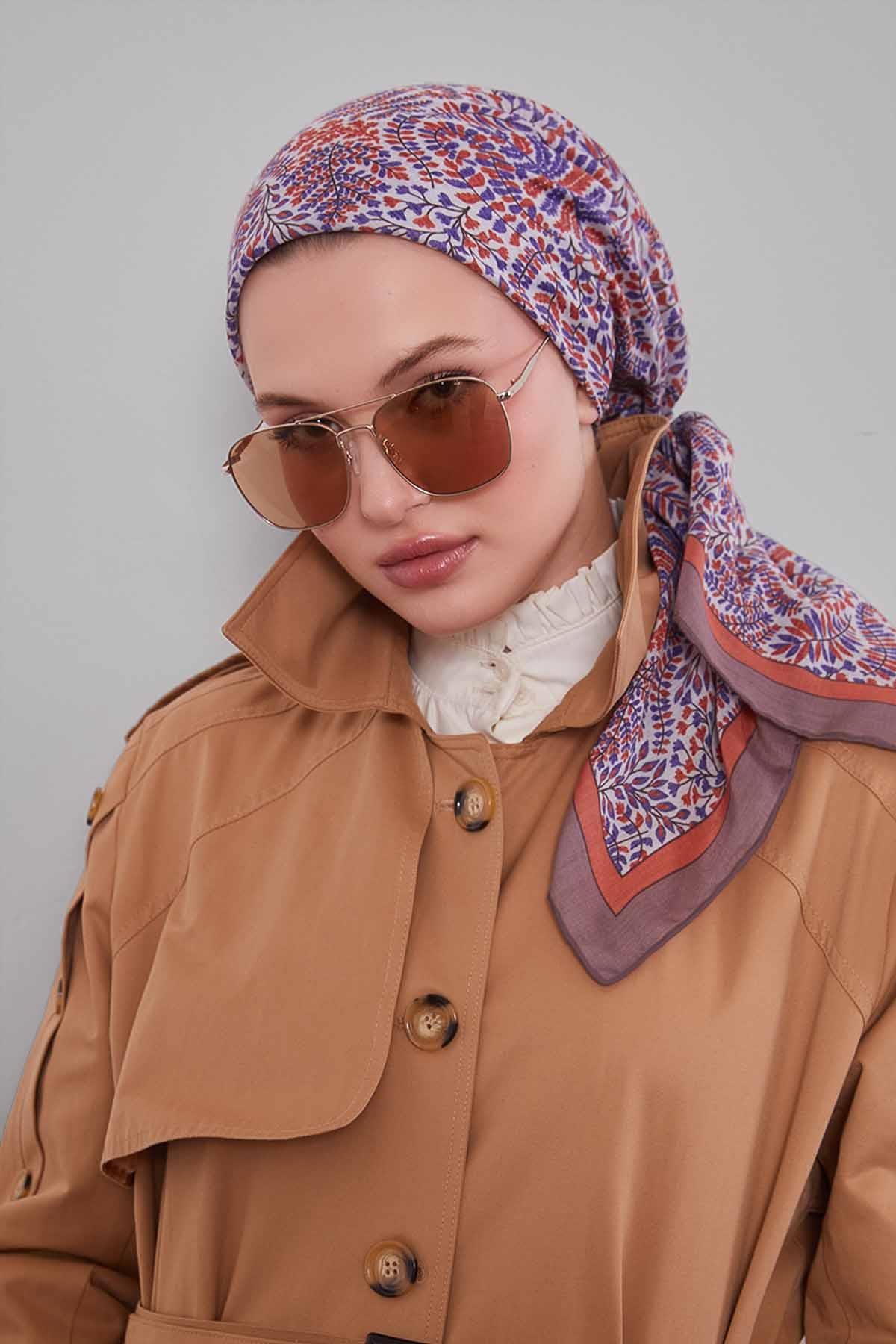 Fivescarf Oranj Mini Yaprak Desen Silk Coton Eşarp