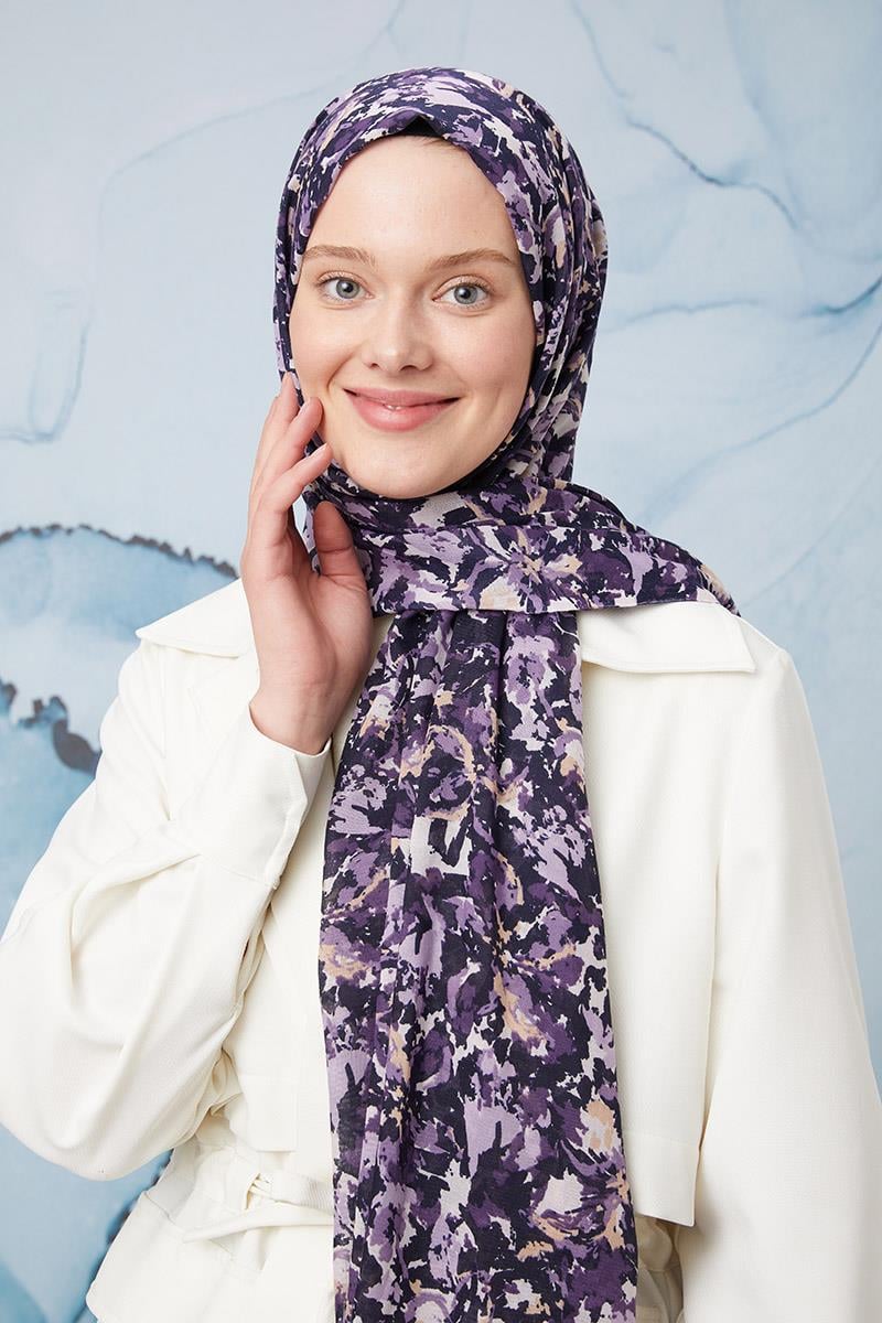 Fivescarf Patlıcan Moru Desenli Cotton Şal