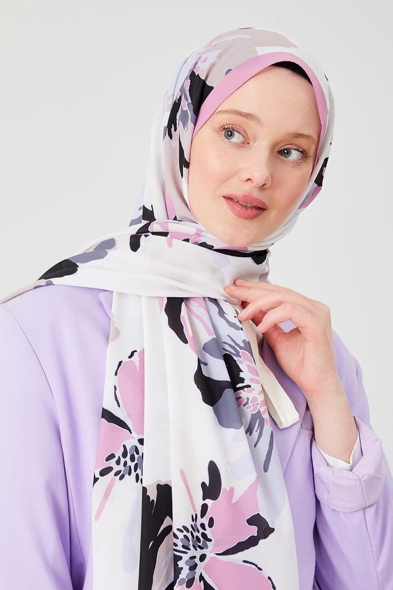 Fivescarf Pembe Açelya Desen Violet Medine İpeği Şal