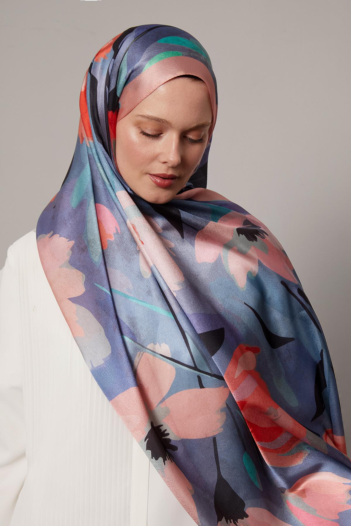 Fivescarf Pembe Somut Çiçek Desenli Vual İpek Şal