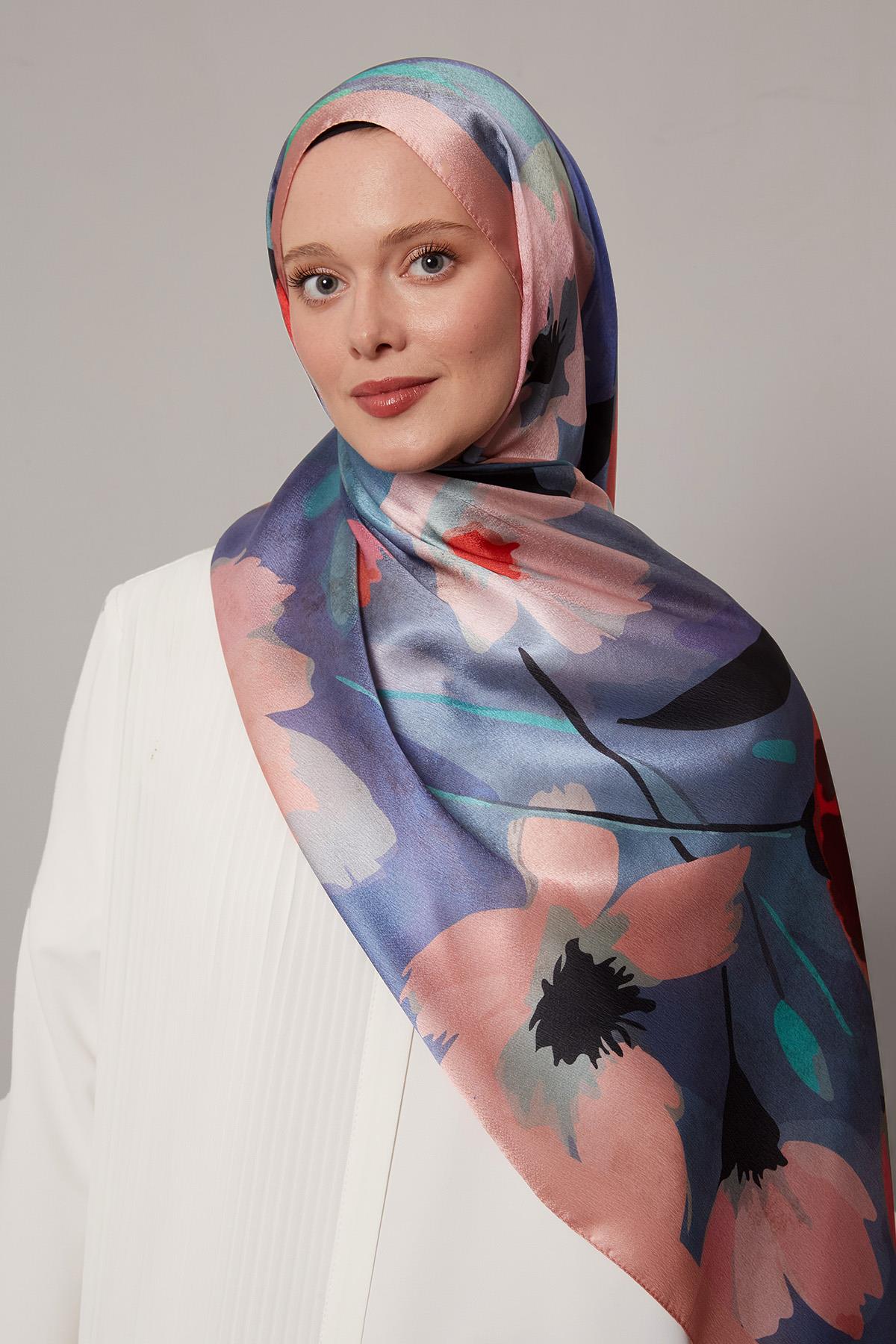 Fivescarf Pembe Somut Çiçek Desenli Vual İpek Şal