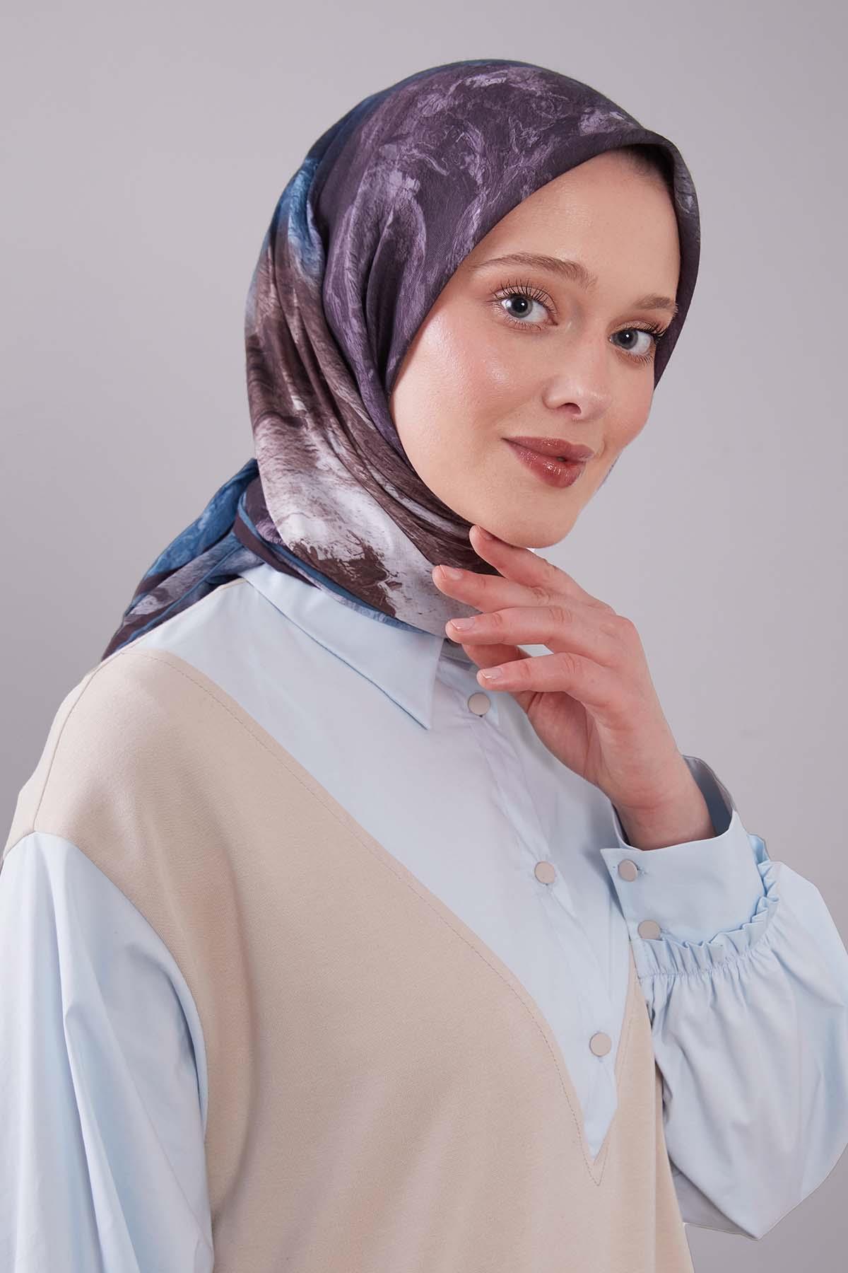 Fivescarf Petrol Mavi Dalga Desen Silk Coton Eşarp