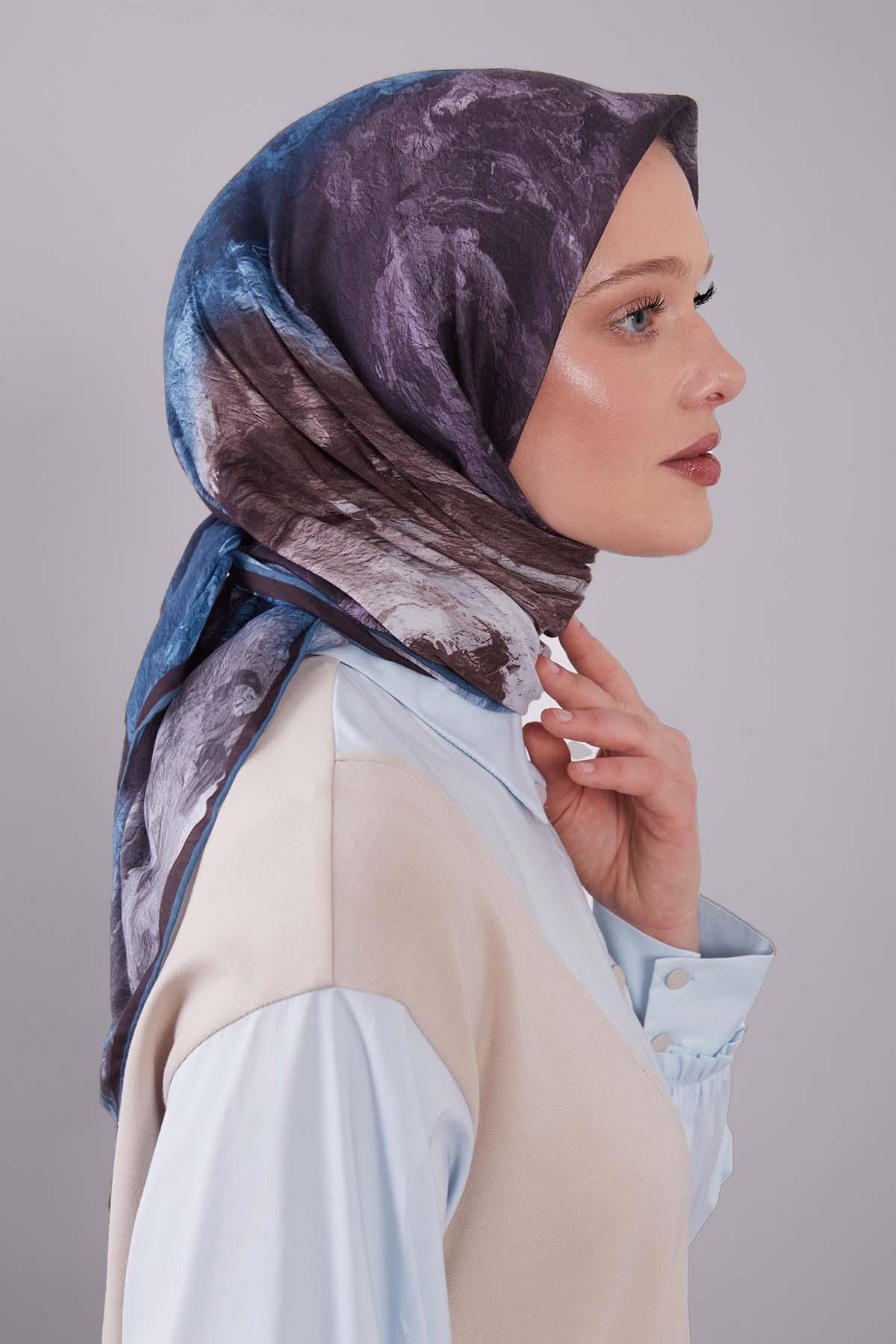 Fivescarf Petrol Mavi Dalga Desen Silk Coton Eşarp
