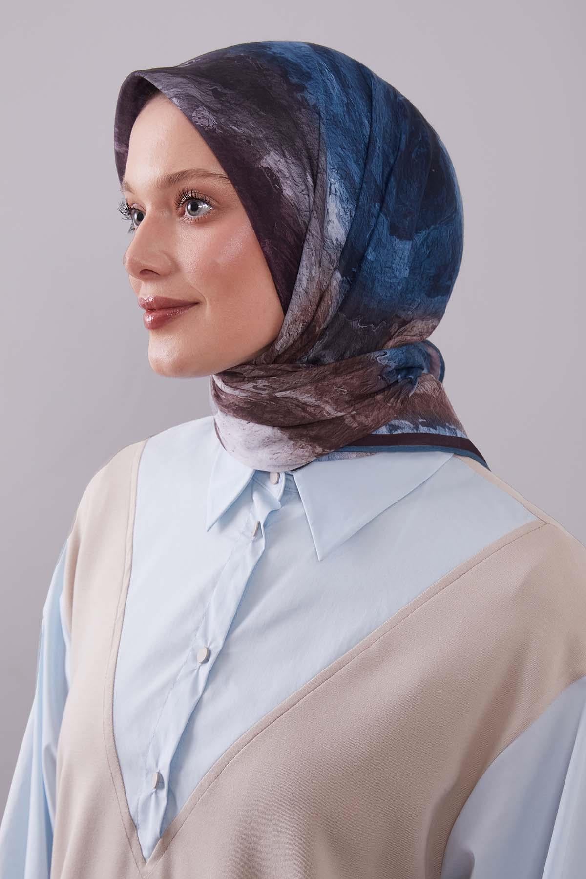 Fivescarf Petrol Mavi Dalga Desen Silk Coton Eşarp